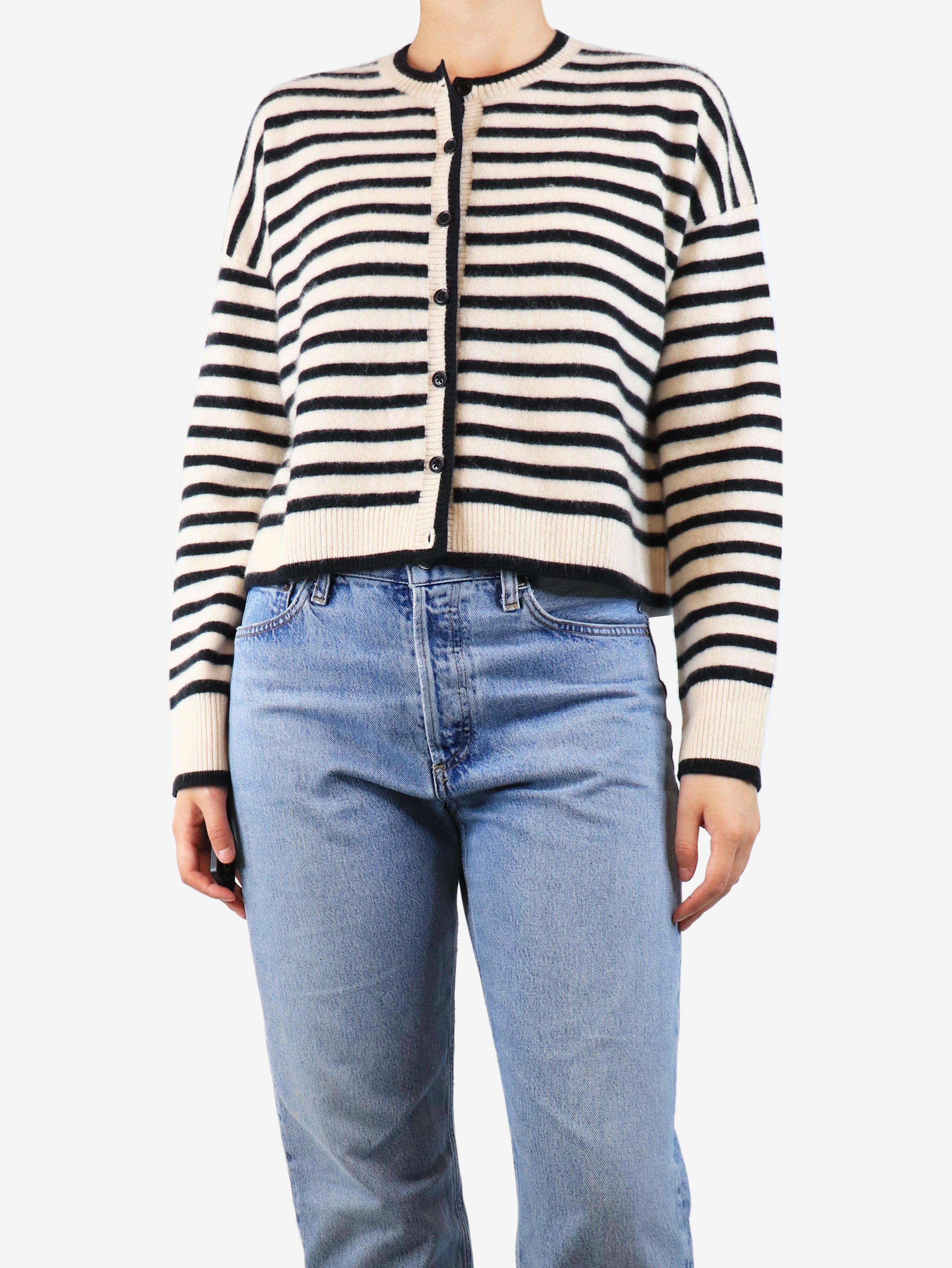 Black and Cream Striped Cashmere Cardigan for Women - UK Size 8 | Soft & Warm Winter Knitwear for Office, Dating & Casual Outfits