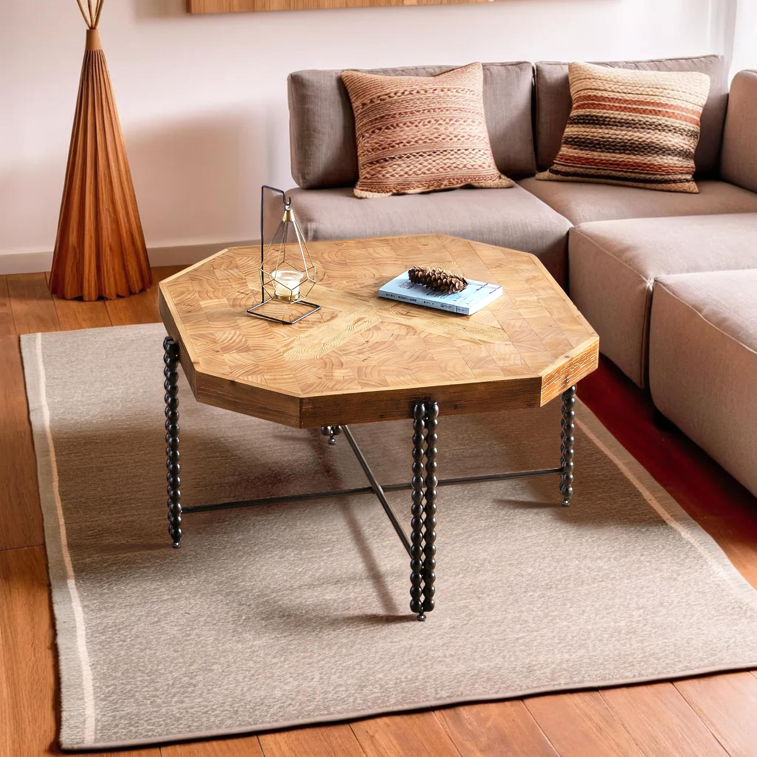 Octagon Wood Coffee Table with Metal Legs - Farmhouse Rustic Mid Century Modern Coffee Table for Living Room, Easy Assembly (Espresso, 31.5