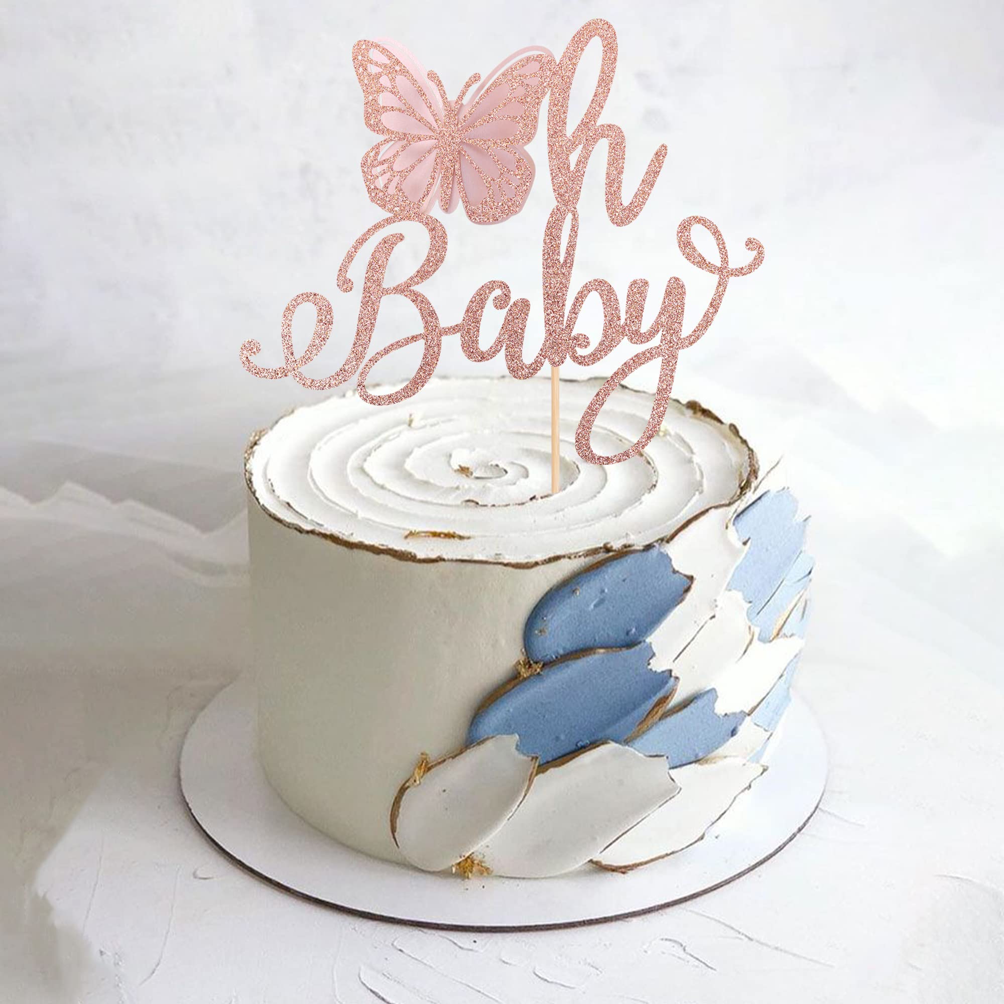 Rsstarxi 1 Pack Rose Gold Glitter Butterfly Cake Topper - Gender Reveal & Baby Shower Decorations for Girls Birthday Parties, Baby Showers, and Cake Decorating