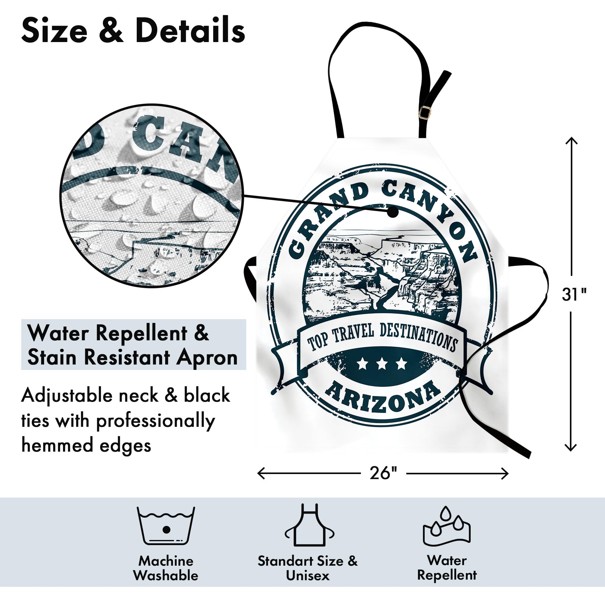 Lunarable Grand Canyon Apron - Unisex Kitchen Bib with Adjustable Neck for Cooking, Baking, BBQ & Gardening - Aerial Landscape Scene of Top Arizona Travel Destination - Adult Size in Dark Petrol Blue & White - Perfect for Home Chefs, Outdoor Grilling & DIY Enthusiasts