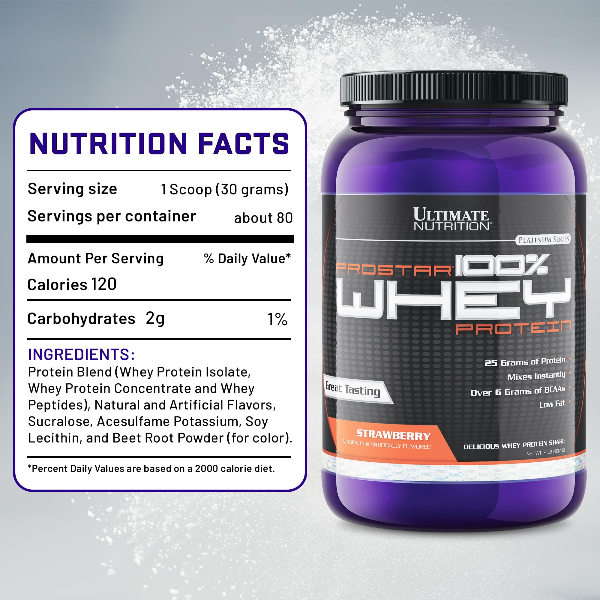 Ultimate Nutrition Prostar Whey Protein Powder Isolate - Strawberry Flavor | Low Carb, High Protein Shake for Muscle Gain & Recovery | Keto Friendly, Low Sodium & Fat | 2 lbs Tub | Perfect for Post-Workout, Weight Loss & Healthy Lifestyle