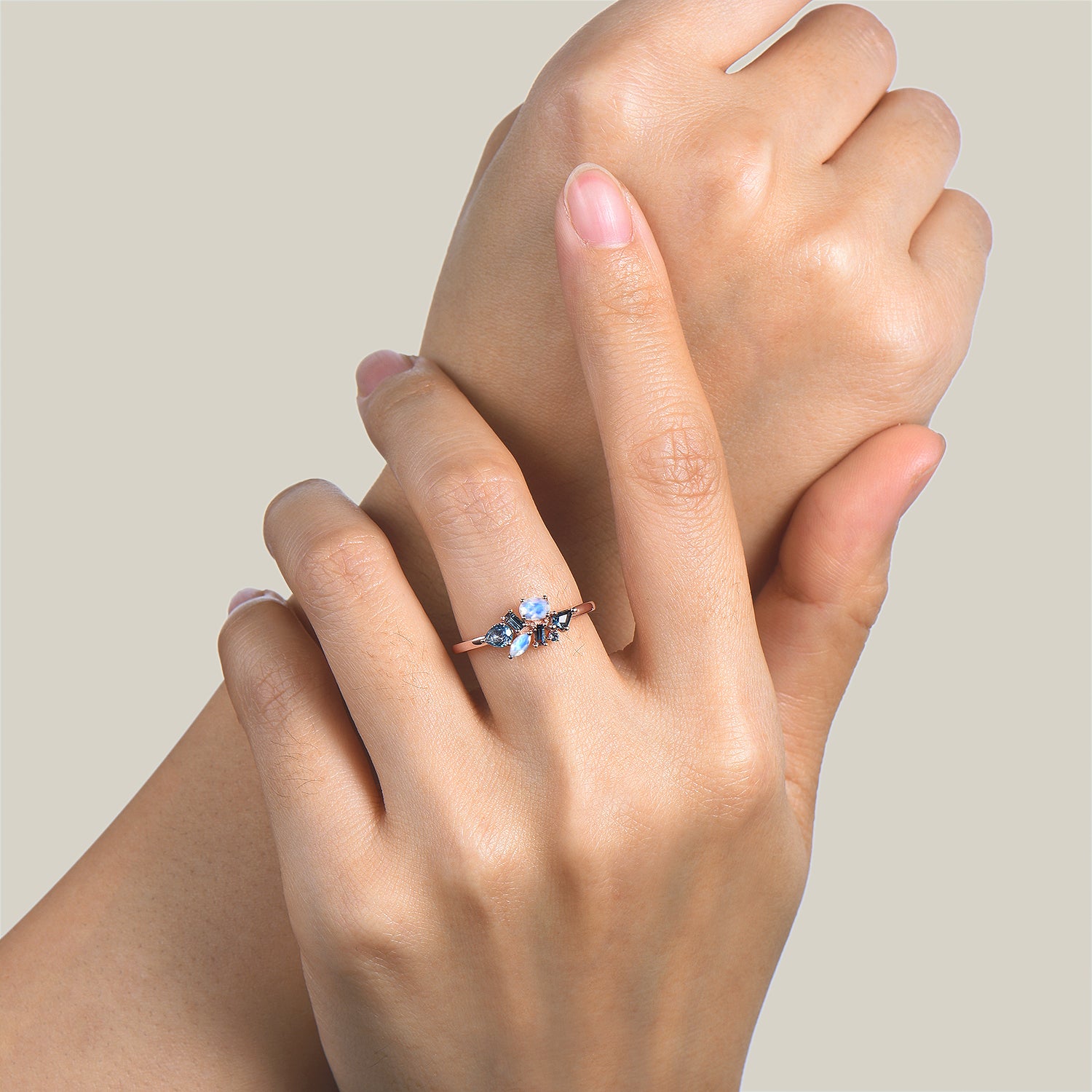 Natural London Blue Topaz and Moonstone Mixed Cut Dainty Band Ring - Elegant Stackable Jewelry for Everyday Wear & Special Occasions