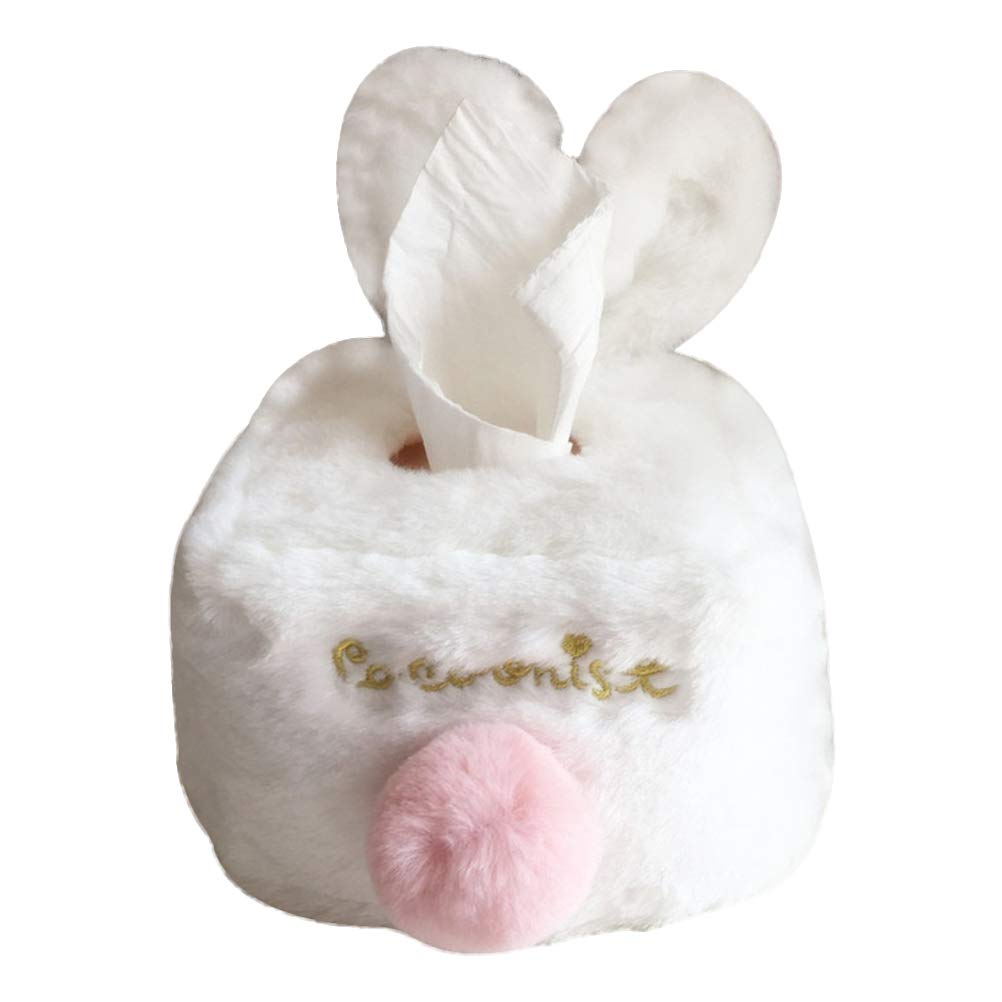 Soft Plush Rabbit Ear Tissue Box Holder - Cute Napkin & Paper Towel Organizer for Home, Office, Bar - White Square Storage Container | Perfect for Living Room, Bedroom, Bathroom & Kitchen Decor