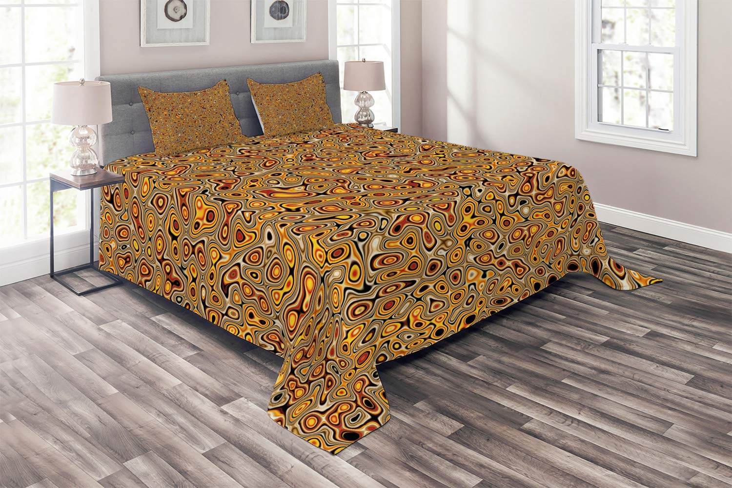 Ambesonne Psychedelic Bedspread Set - King Size 3-Piece Quilted Coverlet with Abstract Hallucinatory Design & Eastern Marble Print in Orange Brown | Includes 2 Pillow Shams | Perfect for Bohemian Bedroom Decor, Guest Room Makeover & Cozy Home Styling