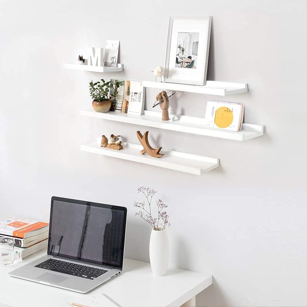 White Solid Oak Wood Floating Shelf - 24 Inch Wall Shelf with Lip for Picture Display | Perfect for Wall Decor in Living Room, Bedroom & Kitchen | Durable & Stylish Home Organization Solution