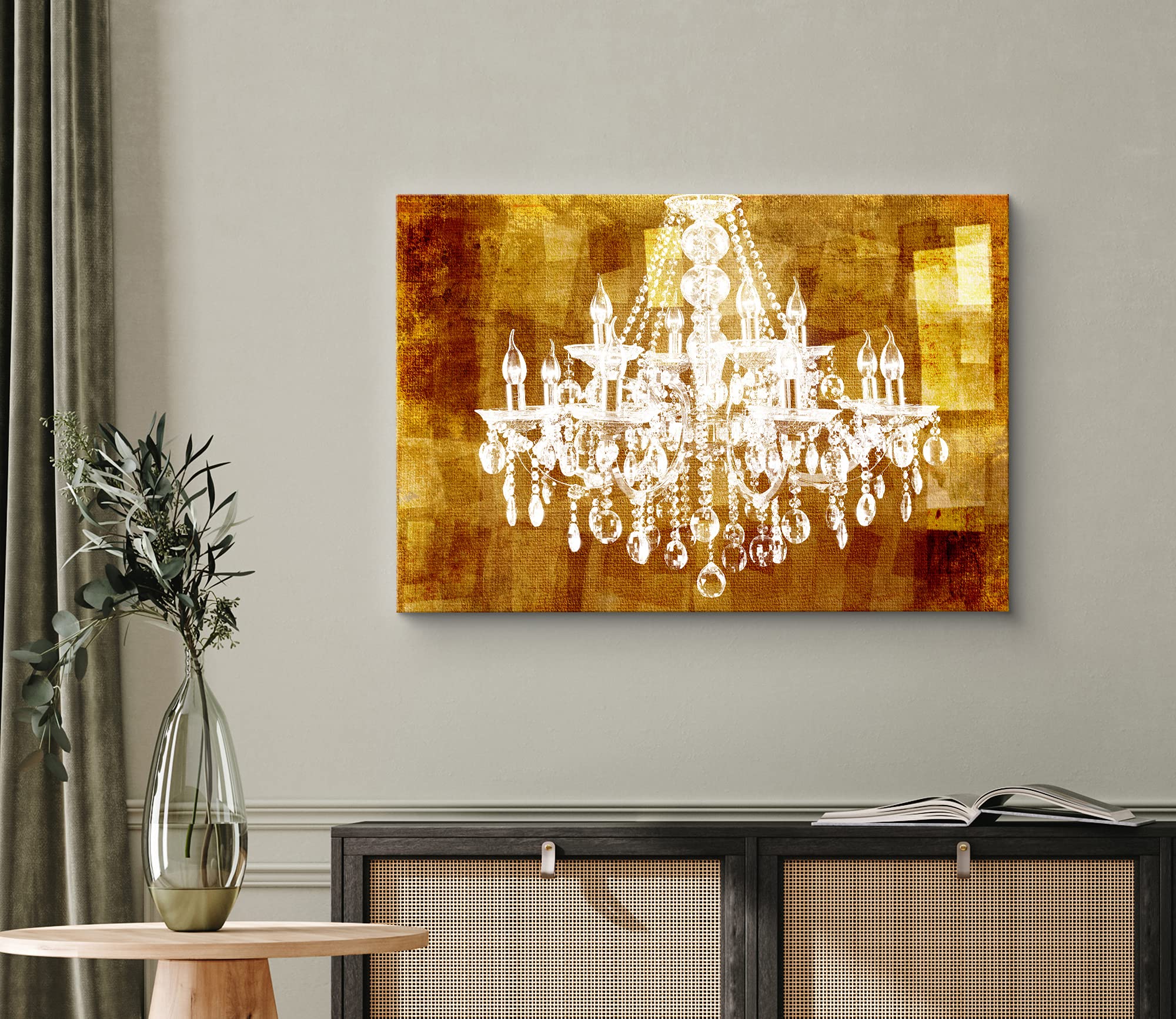 White Chandelier Silhouette on Golden Background Canvas Print - Modern Wall Art Decor for Living Room, Bedroom, Office - 32x48 Inches - Elegant Home Decoration, Perfect for Creating a Relaxing & Chic Atmosphere