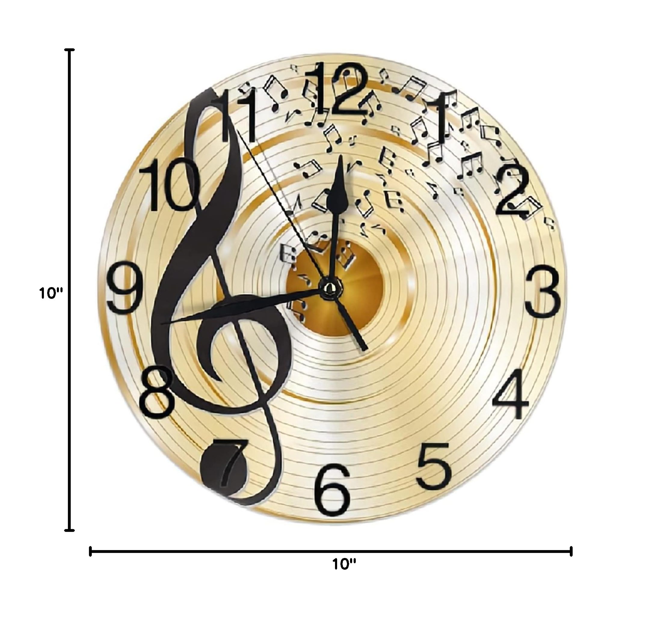 10 Inch Wooden Music Notes Wall Clock - Treble Clef Silent Round Battery Operated Wall Decor for Bedroom, Living Room, Office | Large Decorative Hanging Clock for Musicians & Music Lovers