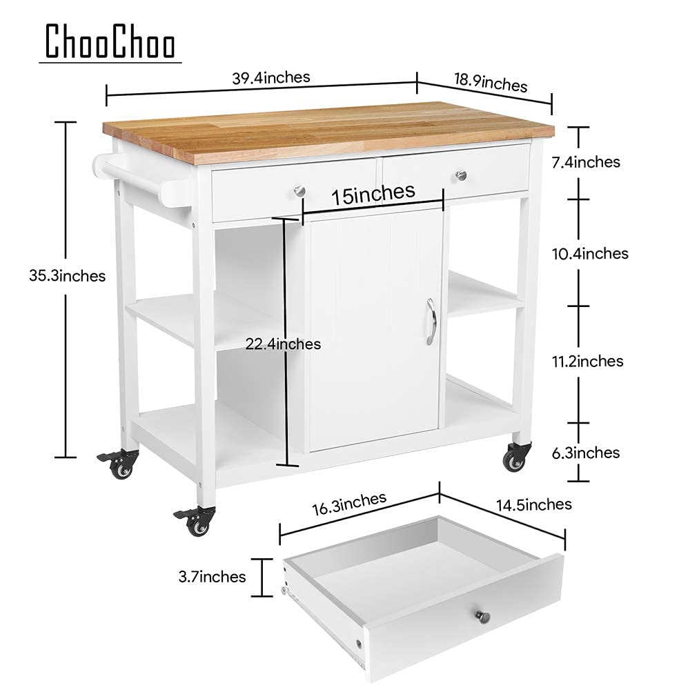 ChooChoo Rolling Kitchen Cart with Wooden Top - Mobile Kitchen Island with Storage Drawers & Shelves, Easy Assembly, White - Perfect for Small Spaces, Apartments & Extra Counter Space