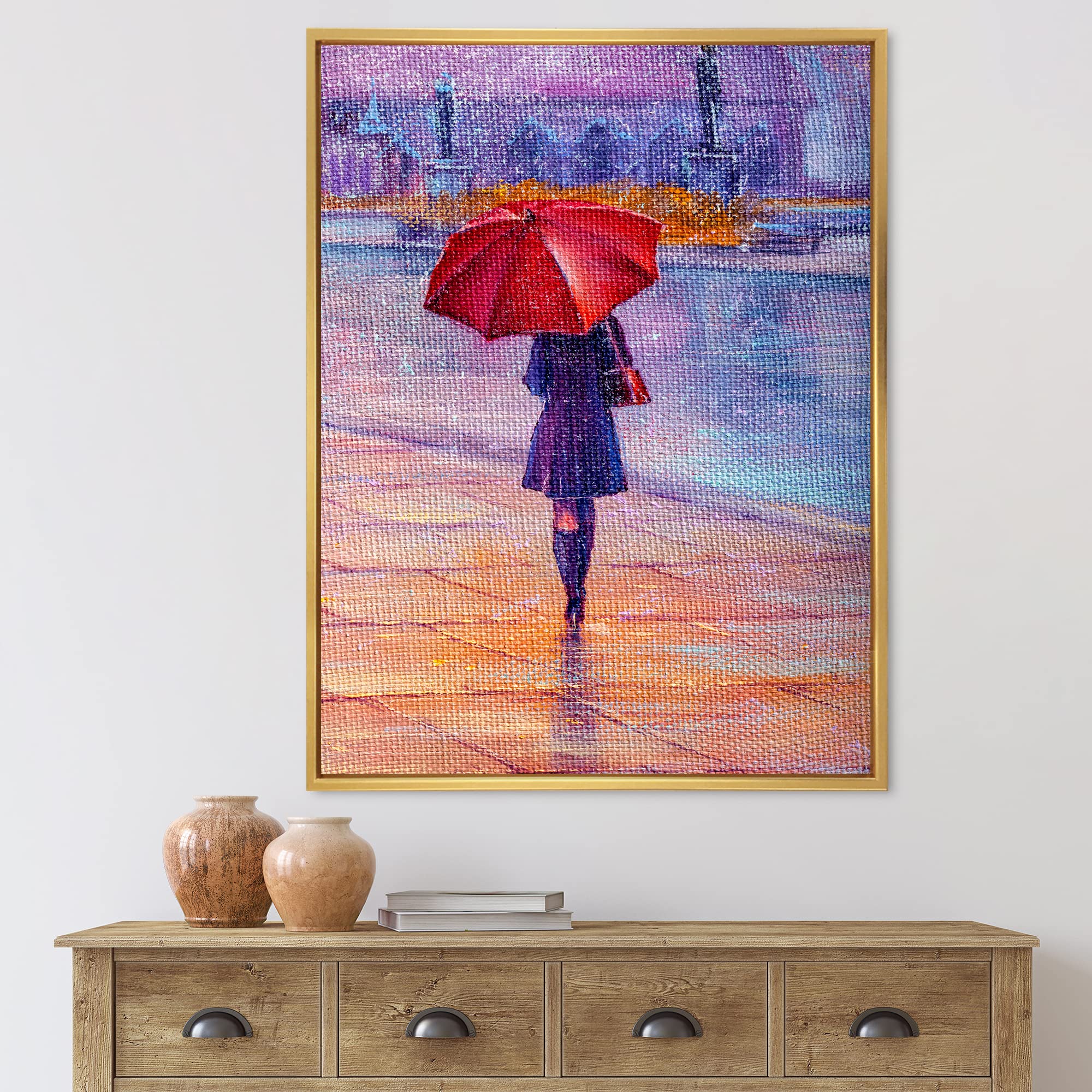 DesignQ French Country Framed Canvas Wall Art - Woman Walking with Red Umbrella in Rain - Perfect for Living Room, Bedroom & Office Decor