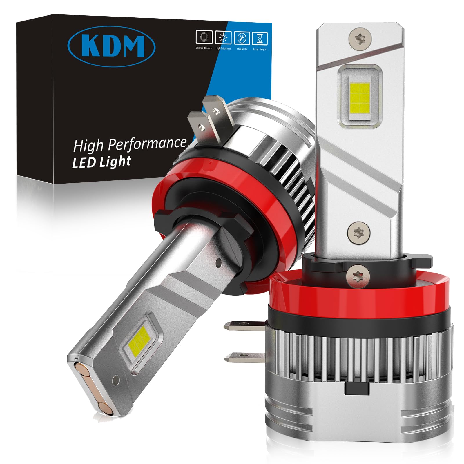 KDM H11B LED Fog Light Bulb - 80W 10000LM High/Low Beam Replacement - 600% Brighter with Cooling Fan - 6000K White H11B LED Bulb Kit (2-Pack) - Perfect for Off-Roading, Night Driving & Foggy Conditions