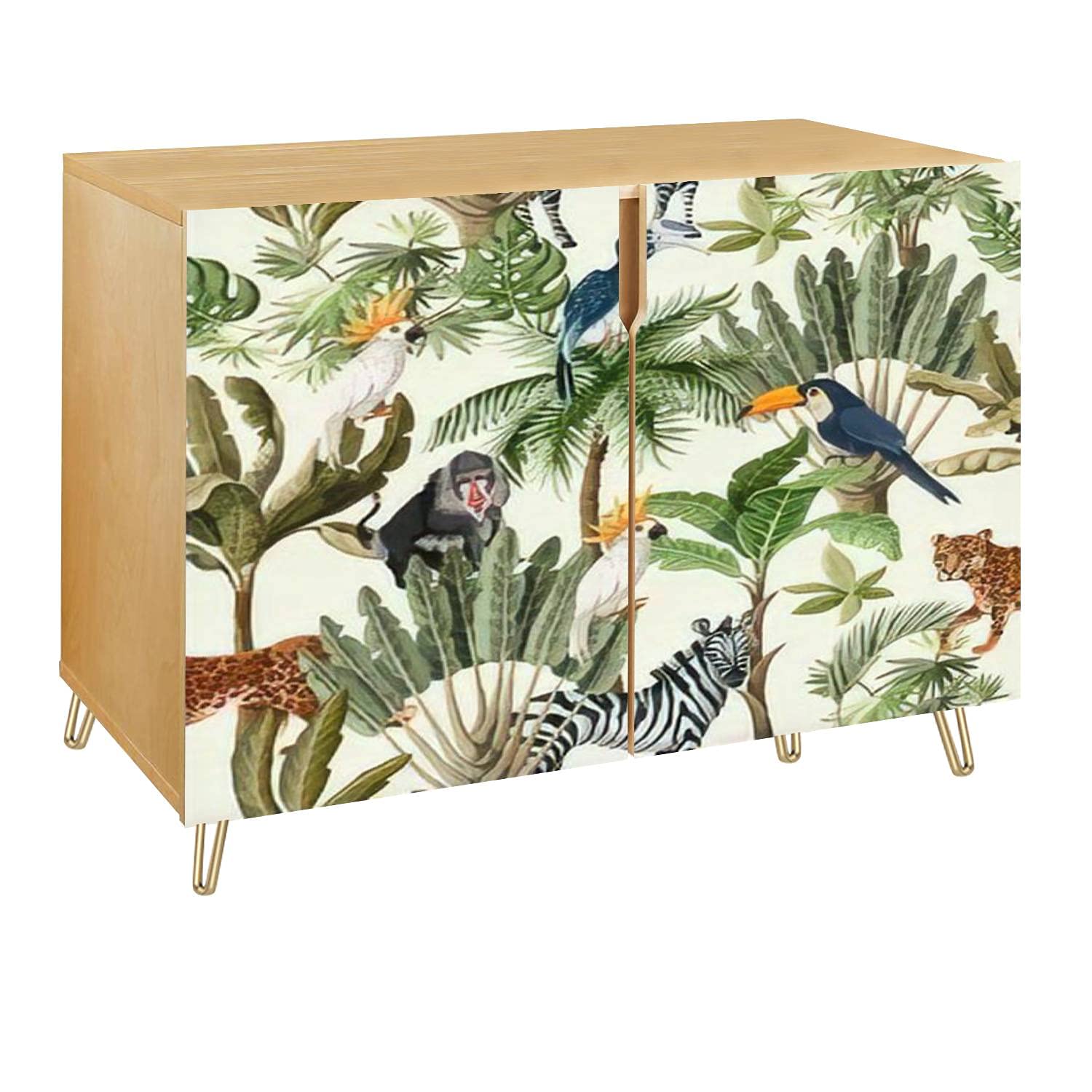 Exotic Trees & Animals Wooden Accent Cabinet - 2 Door Storage Table, Bar Cabinet, TV Stand for Living Room, Kitchen, Hallway & Entryway | Rustic Home Decor, Sideboard with Seamless Pattern
