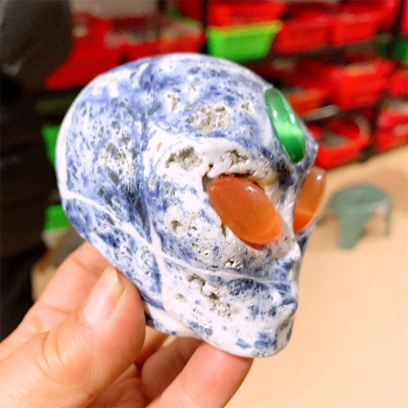 Natural Blue Sodalite Alien Skull Carving - Reiki Healing Crystal Gemstone Figurine for Meditation, Spiritual Decor, Unique Home Ornament & Gift (1 Piece) - Perfect for Yoga Spaces, Altars & Energy Work