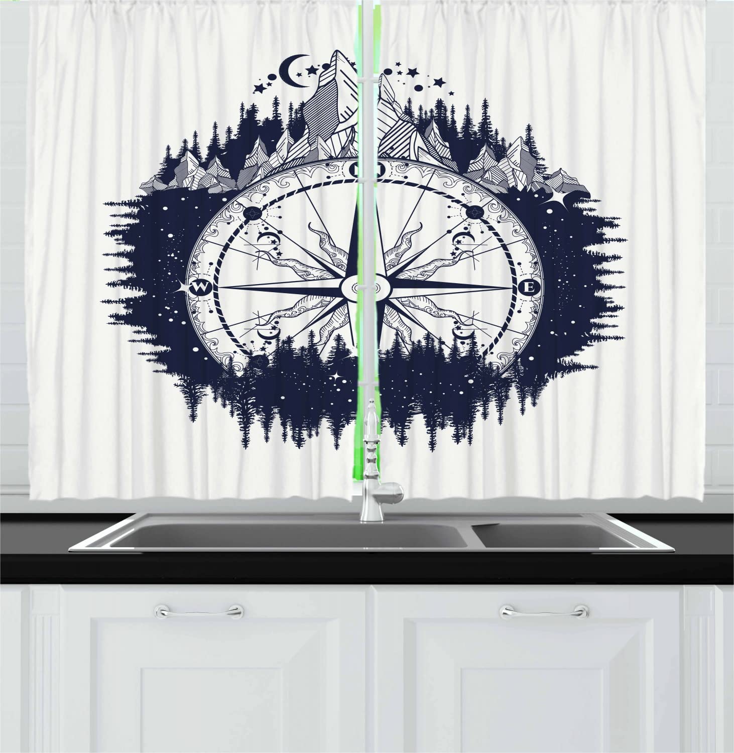Ambesonne Northwoods Long Kitchen Curtains - Vintage Compass Night Forest Boho Travel Tattoo Art Design, 2 Panel Rod Pocket Drapes for Window Decor, 55 x 45 Inches, Dark Blue & Coconut - Perfect for Cabin, Farmhouse & Rustic Style Kitchens