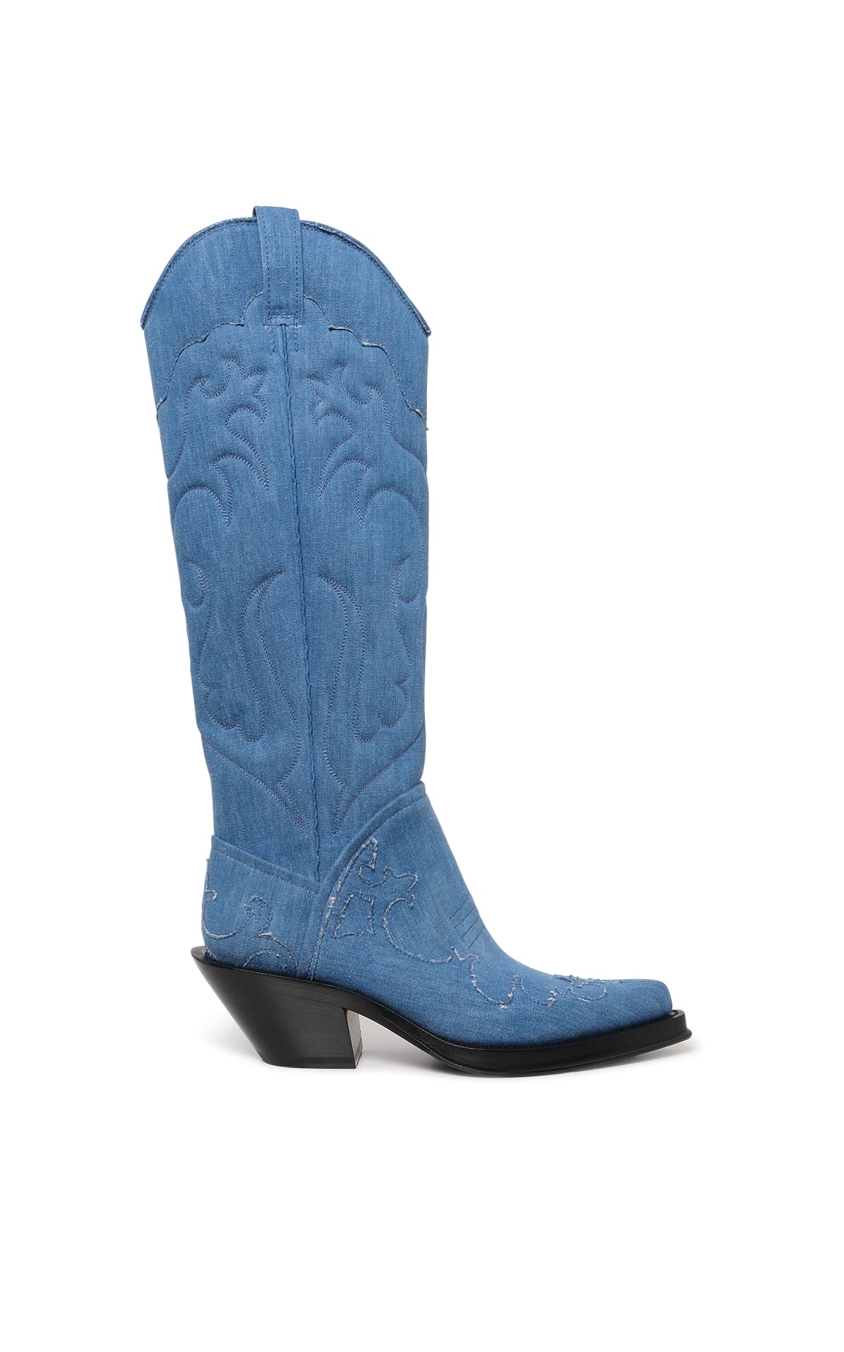 Light Blue Recycled Cotton Linen Denim Cowboy Boots for Women - Western Style Ankle Boots for Country Music Festivals & Rodeo Events