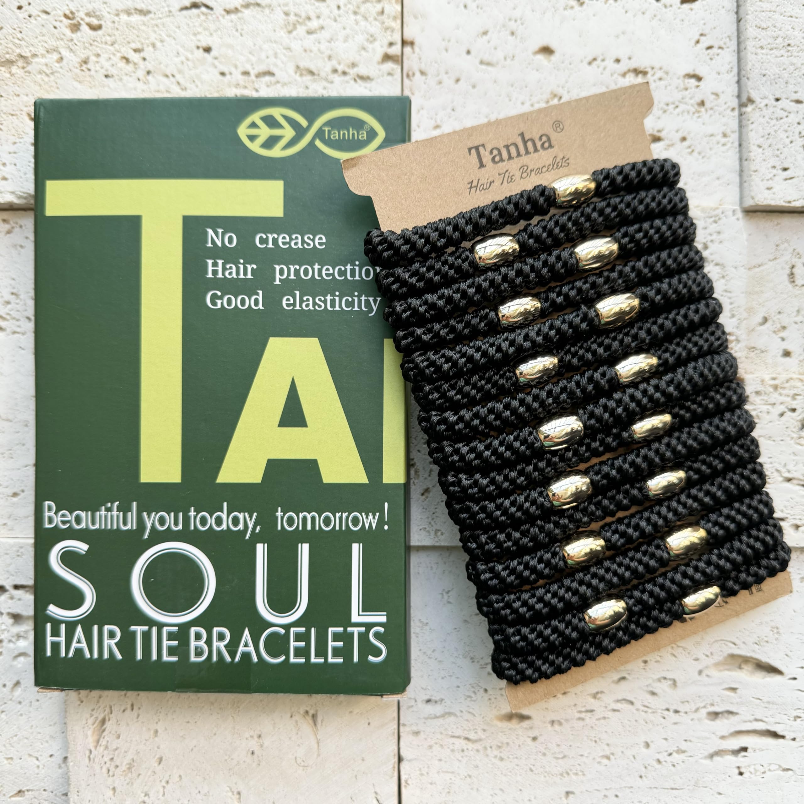 Tanha 15Pcs Hair Tie Bracelet Set - No Damage Stretchy Hair Bands for Women & Men, Strong Ponytail Holders for Thick Hair (Black) - Perfect for Gym, Work, Travel & Everyday Use