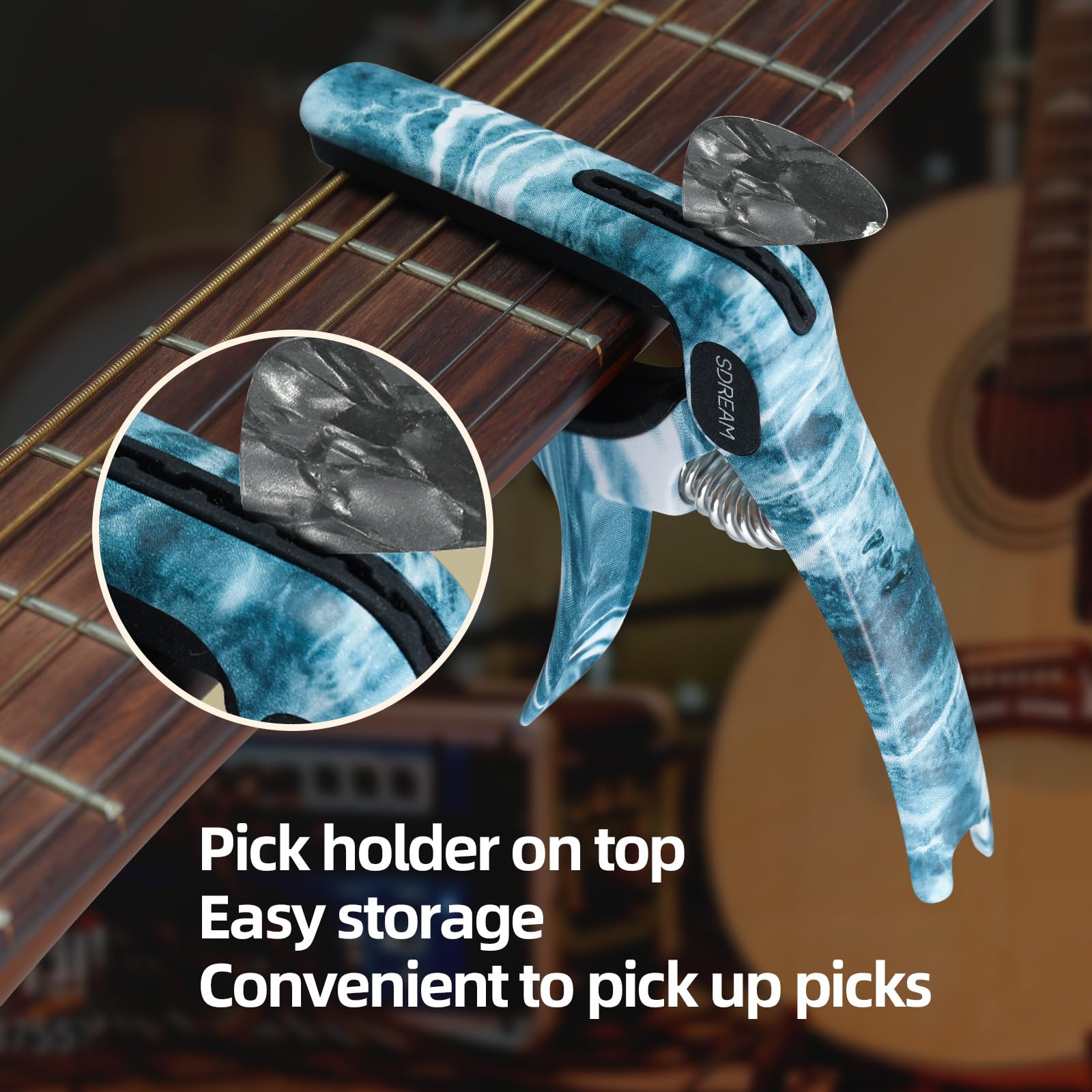 Premium Guitar Capo for Acoustic & Electric Guitars - 6-String Clamp with 5 Free Picks - Universal for Ukulele, Mandolin, Banjo - Perfect for Live Performances & Studio Recording