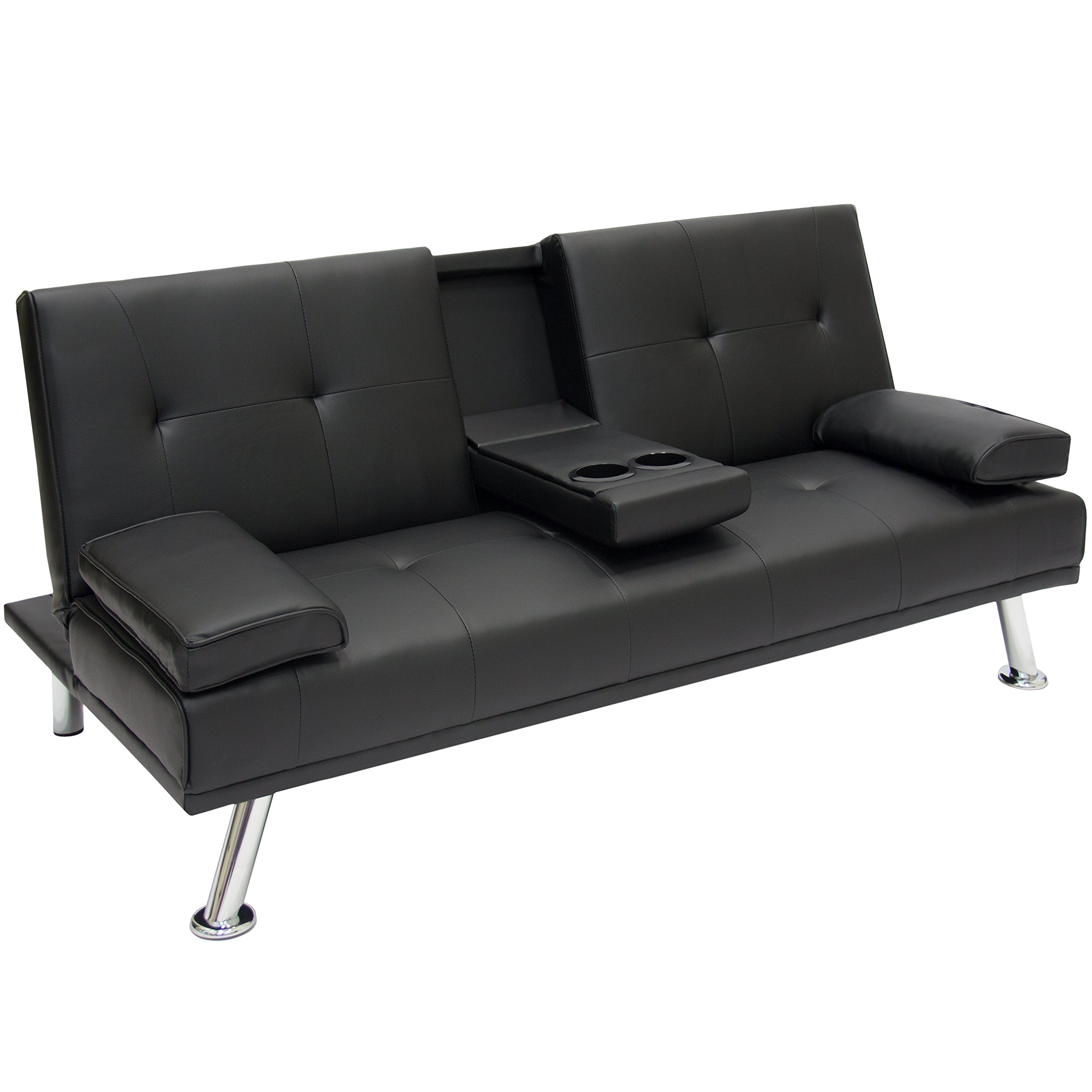 Modern Black Convertible Futon Sofa Bed - Foldable Recliner with Armrests & Cup Holders | Sleeper Couch for Living Room, Guest Room & Small Spaces | Includes Free Expert Setup Guide | Perfect for Apartments, Dorms & Home Theater Seating