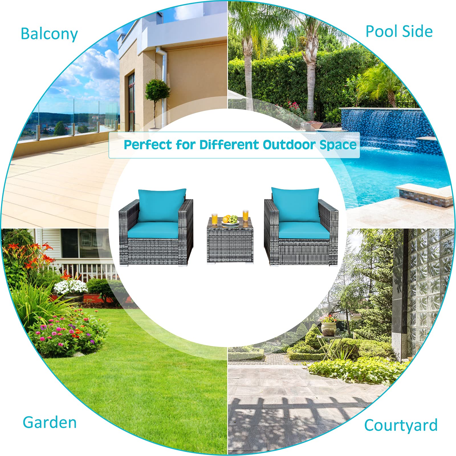Tangkula 3-Piece PE Rattan Patio Furniture Set with Washable Cushions & Tempered Glass Table - Outdoor Wicker Sofa Conversation Set for Garden, Poolside, Backyard, Deck or Balcony Relaxation