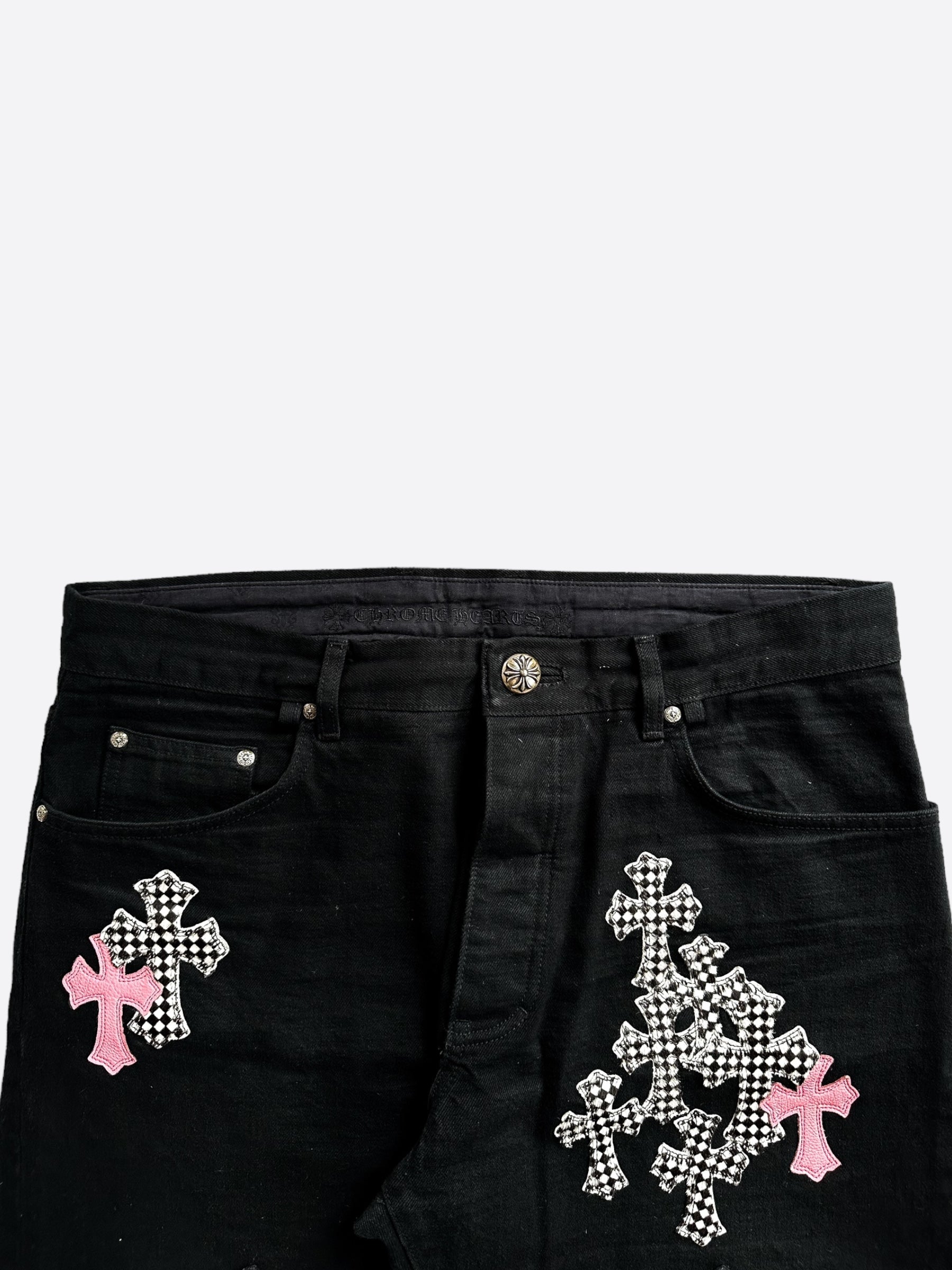 Chrome Hearts Black Pink & Checkered Cross Patch Fleur Distressed Denim Jeans for Women - Edgy Streetwear & Punk Fashion Outfits