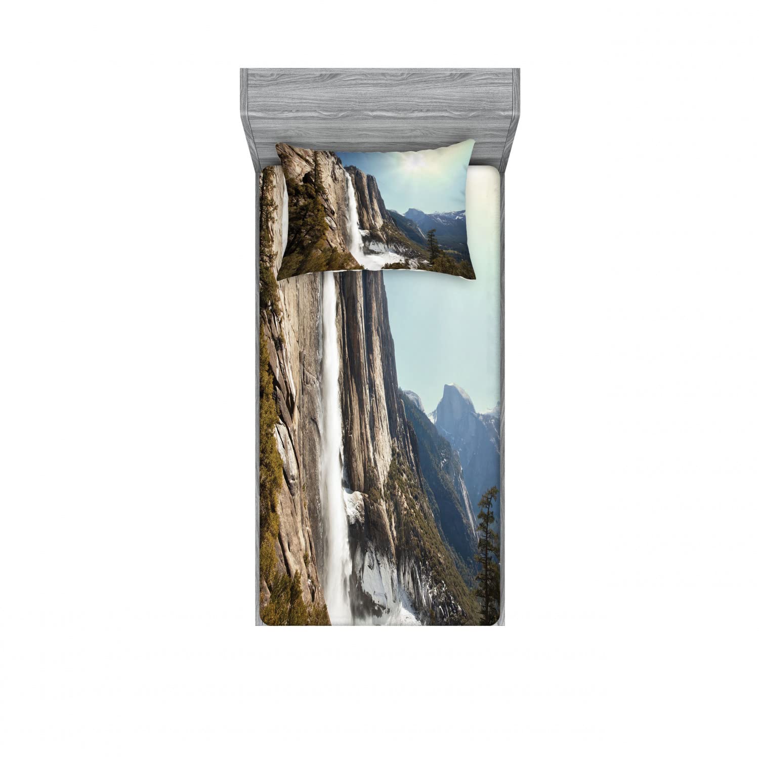Ambesonne 2-Pack Twin Fitted Sheet & Pillow Sham Set - Yosemite Falls Mountain Design, 4-Piece Green Bedding Set for Kids & Teens | Perfect for Dorm Rooms, Guest Beds & Vacation Homes