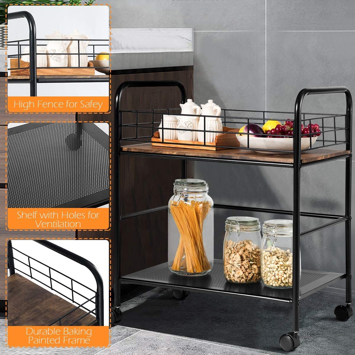 2-Tier Steel Rolling Storage Cart with Lockable Wheels & Wood Look Top - Industrial Style Utility Cart for Kitchen, Office, or Workshop Organization