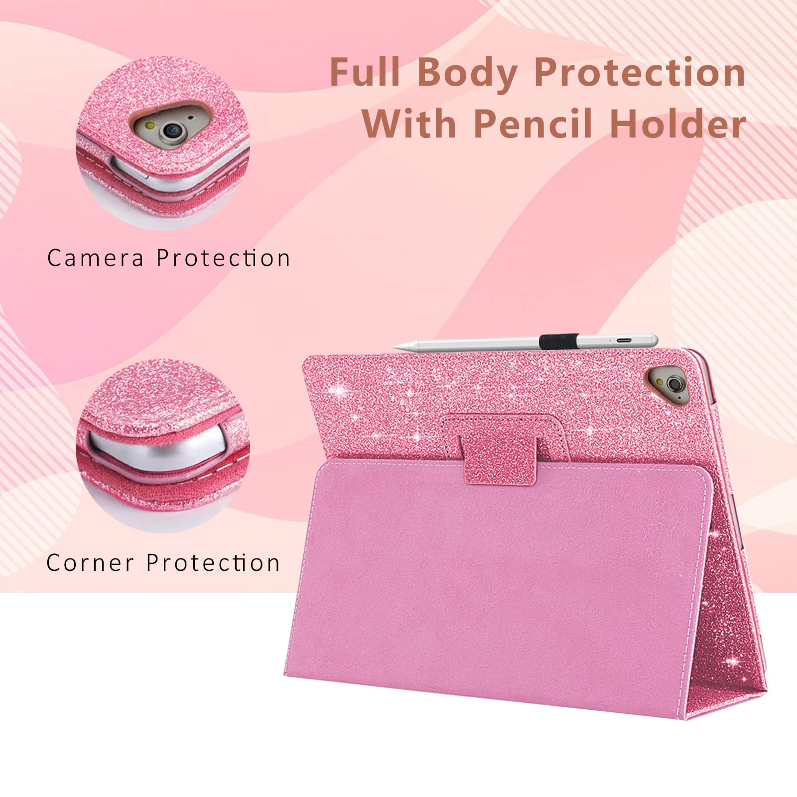 Premium Glitter iPad Case for iPad 9.7 inch (6th/5th Gen, Air/Air 2/Pro 2017-2018) with Pencil Holder & Auto Sleep/Wake - Slim Stand Protective Cover in Pink - Perfect for School, Work & Travel