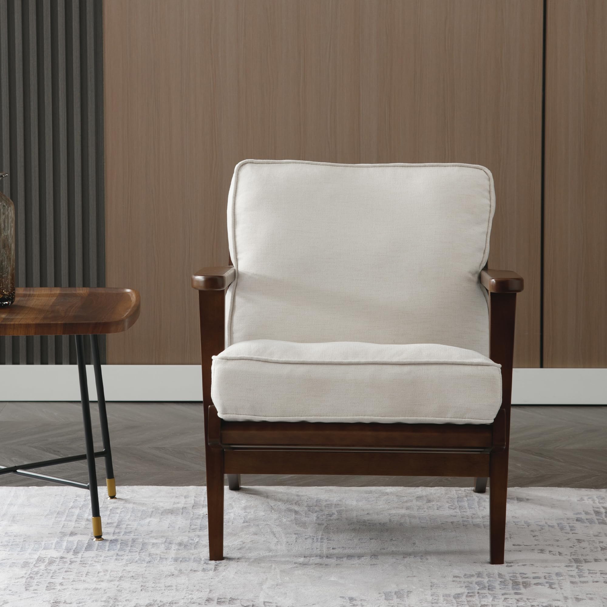 Mid-Century Modern Accent Chairs Set of 2 - Linen Upholstered Living Room Armchairs with Solid Wood Frame (Beige) - Perfect for Bedroom, Reading Nook & Lounge Relaxation