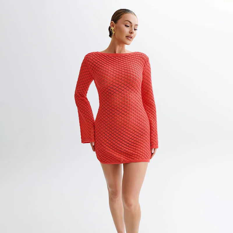 Women's Backless Long Sleeve Knit Mini Dress - Elegant See-Through Summer Beach Dress for Holiday & Vacation | Perfect for Beachwear, Pool Parties, and Night Out