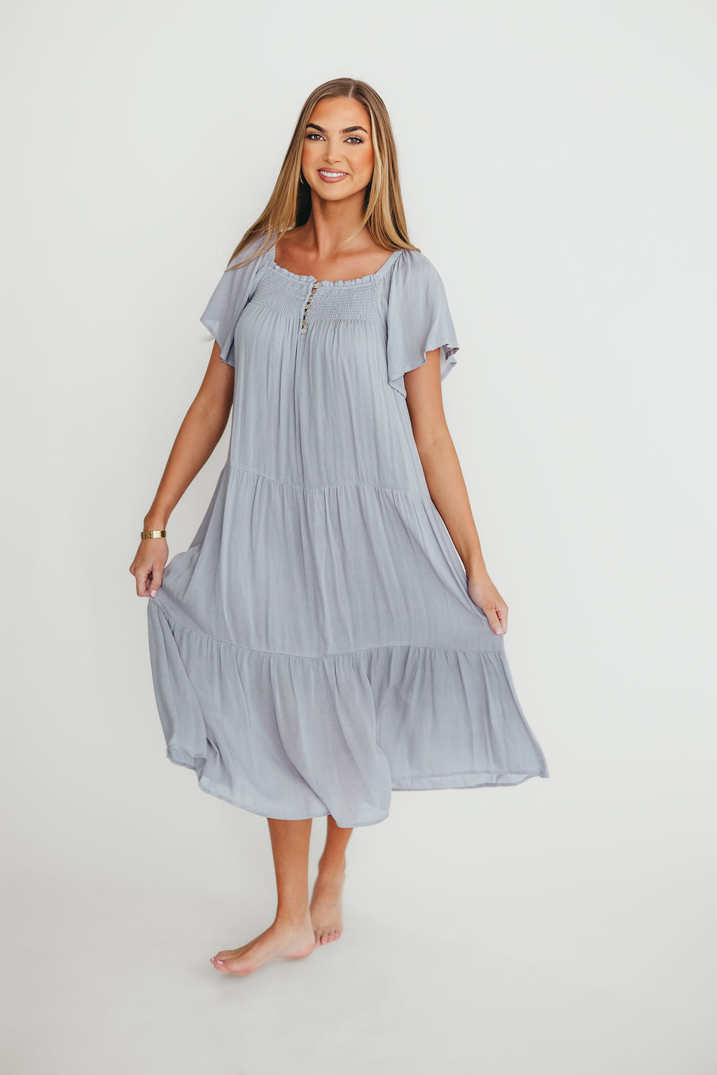 Eloise Flutter Sleeve Midi Dress - Elegant Slate Blue Women's Casual Dress for Summer, Date Night & Special Occasions