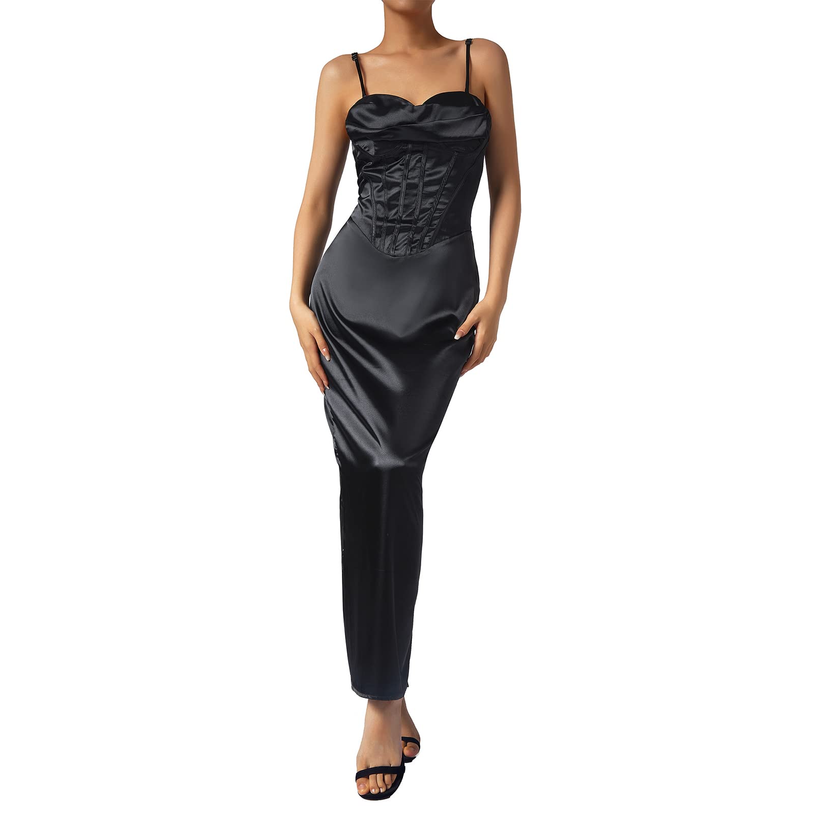 Elegant Women's Sleeveless Spaghetti Strap Satin Cocktail Dress - Cowl Neck Backless Long Evening Gown for Wedding Guest, Party & Special Occasions