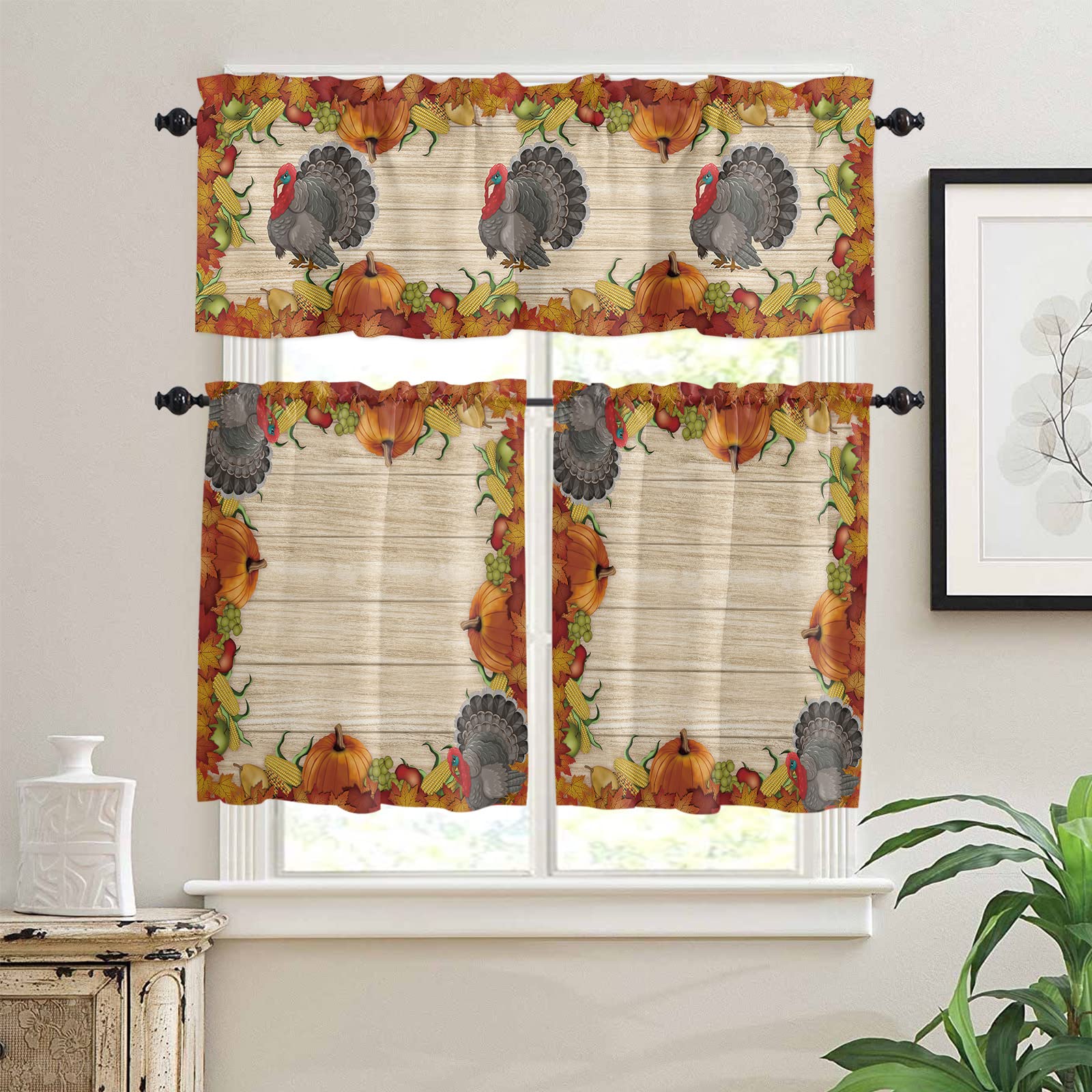 Thanksgiving Kitchen Curtains Set - 3PC Farmhouse Style Valance & Tier Curtains with Pumpkin, Maple Leaf & Turkey Designs - 27.5