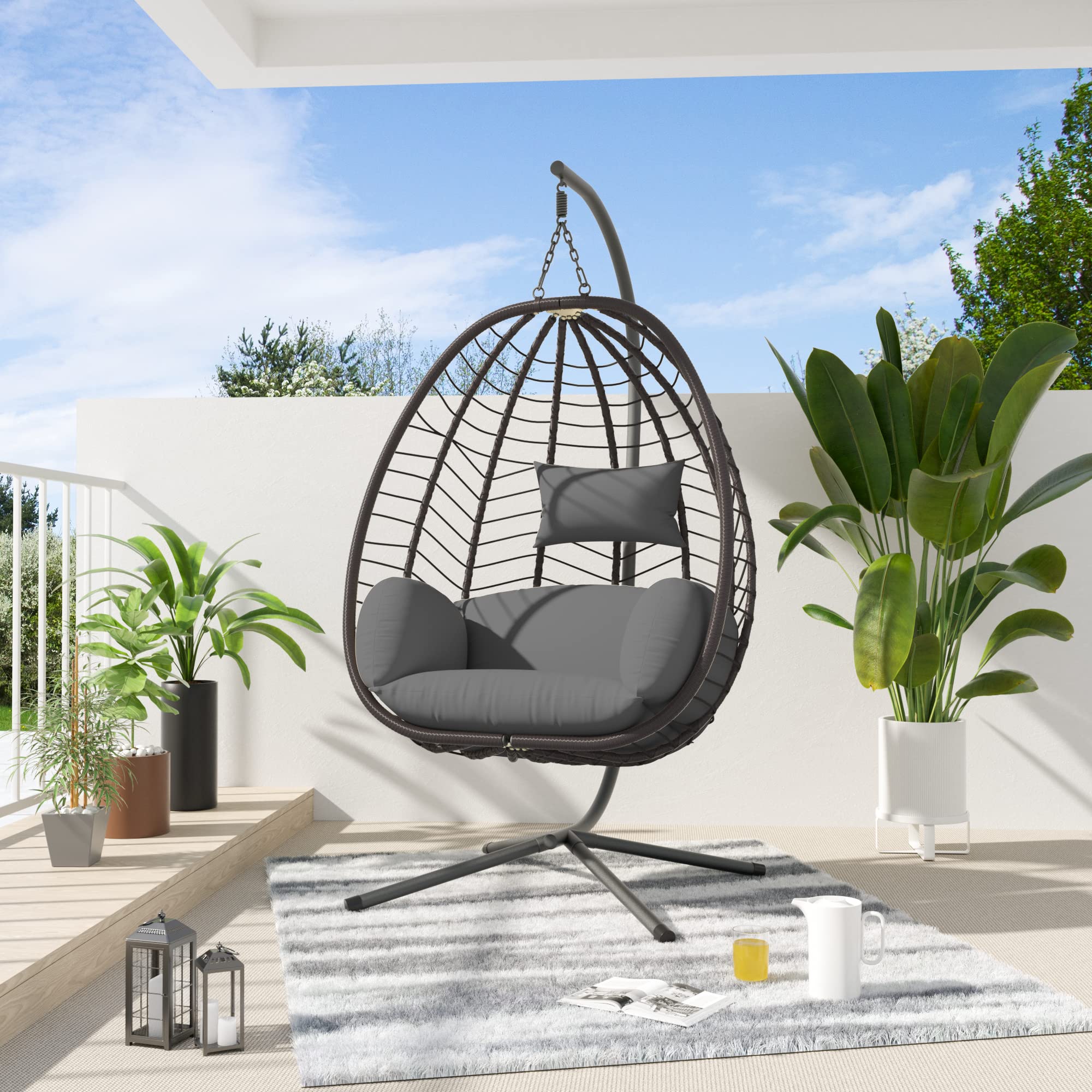 ALAULM Egg Swing Chair - Indoor/Outdoor Wicker Rattan Hanging Chair with Stand, 350lbs Capacity, Sturdy Steel Frame & Gray Cushions - Perfect for Patio, Balcony, Bedroom, Garden & Relaxation Spaces