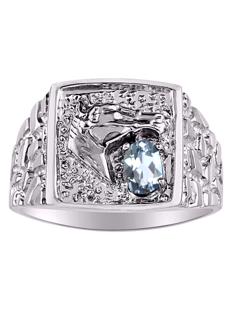 Sterling Silver Men's Ring with 6x4mm Oval Aquamarine Gemstone & Genuine Diamond - Lucky Nugget Horse Head Design - March Birthstone Jewelry for Men (Sizes 8-13) - Perfect for Gifts, Weddings & Everyday Wear