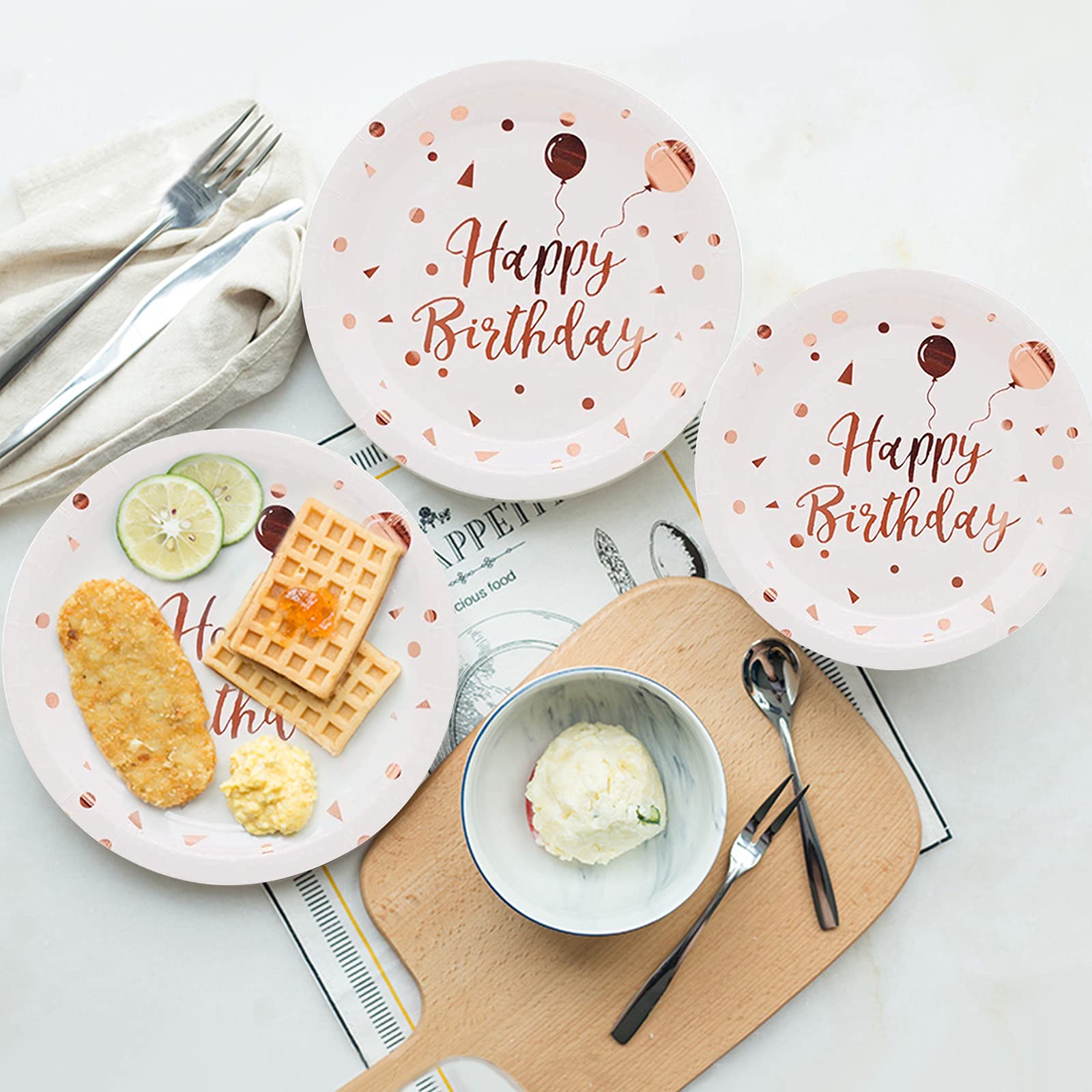 Rose Gold & White Birthday Party Supplies Set - 24-Piece Disposable Plates, Napkins, Cups & Straws for Women, Girls, Mom & Baby Celebrations - Elegant Rose Gold Dots Design for Birthday Parties, Baby Showers & Bridal Showers