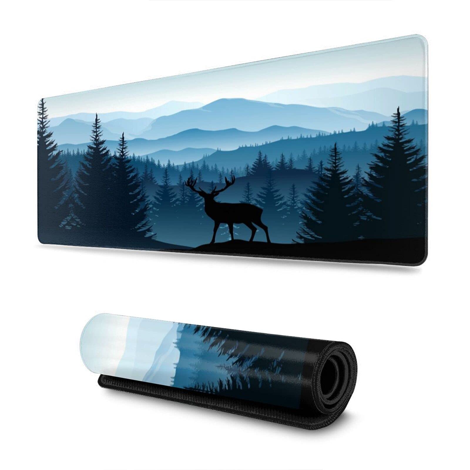 Large Gaming Mouse Pad 31.5x11.8 Inches - Non-Slip Rubber Base & Stitched Edges - Extended Desk Mat for PC, Laptop Gaming - Forest Blue Mountains Design - Perfect for Esports, Office Work & Home Use
