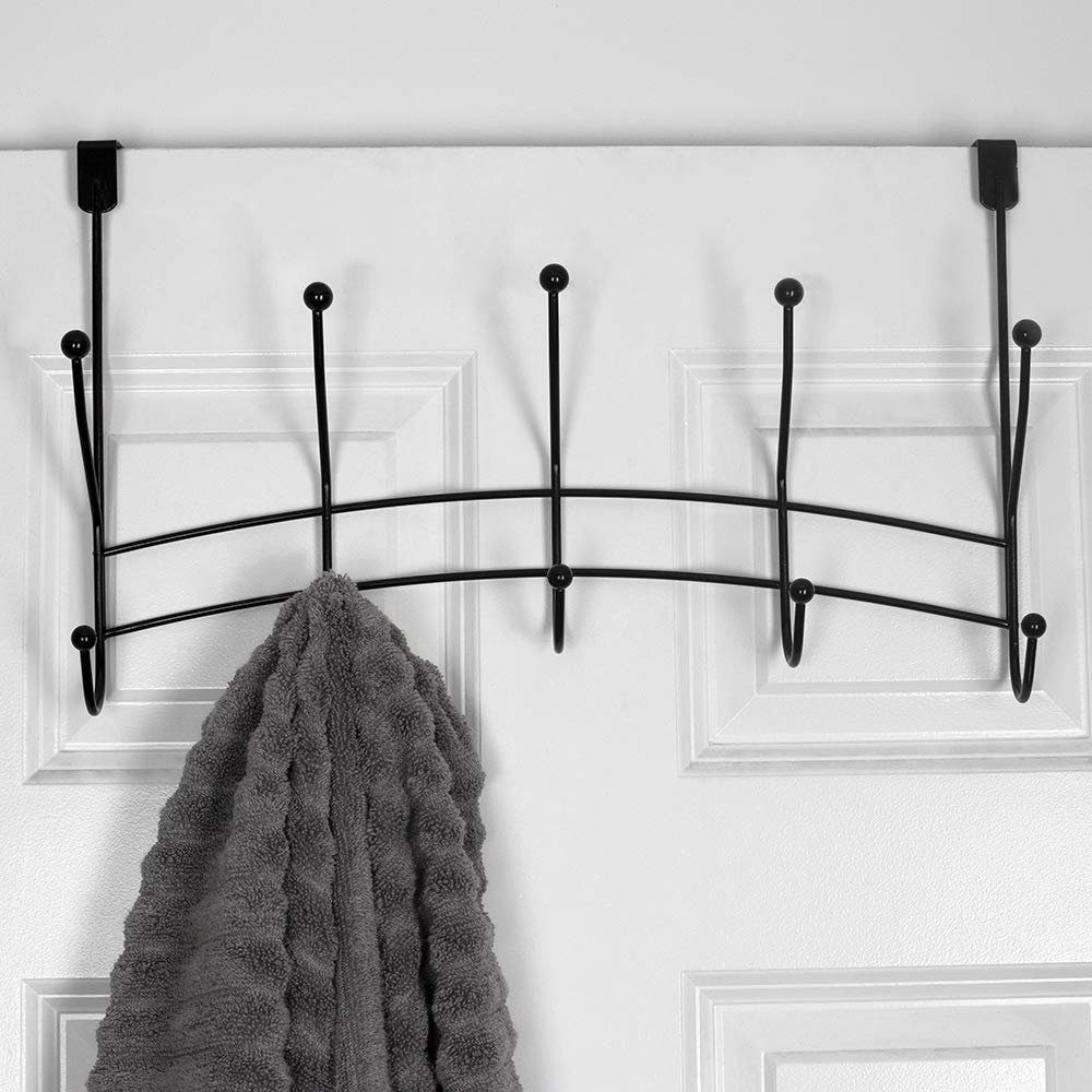 Home Basics Over The Door Clothes Rack - 10 Hook Black Door Organizer for Clothes, Accessories, Towels & Robes | Space-Saving Storage Solution for Bedroom, Bathroom, Closet & Dorm | Fits Any Standard Door