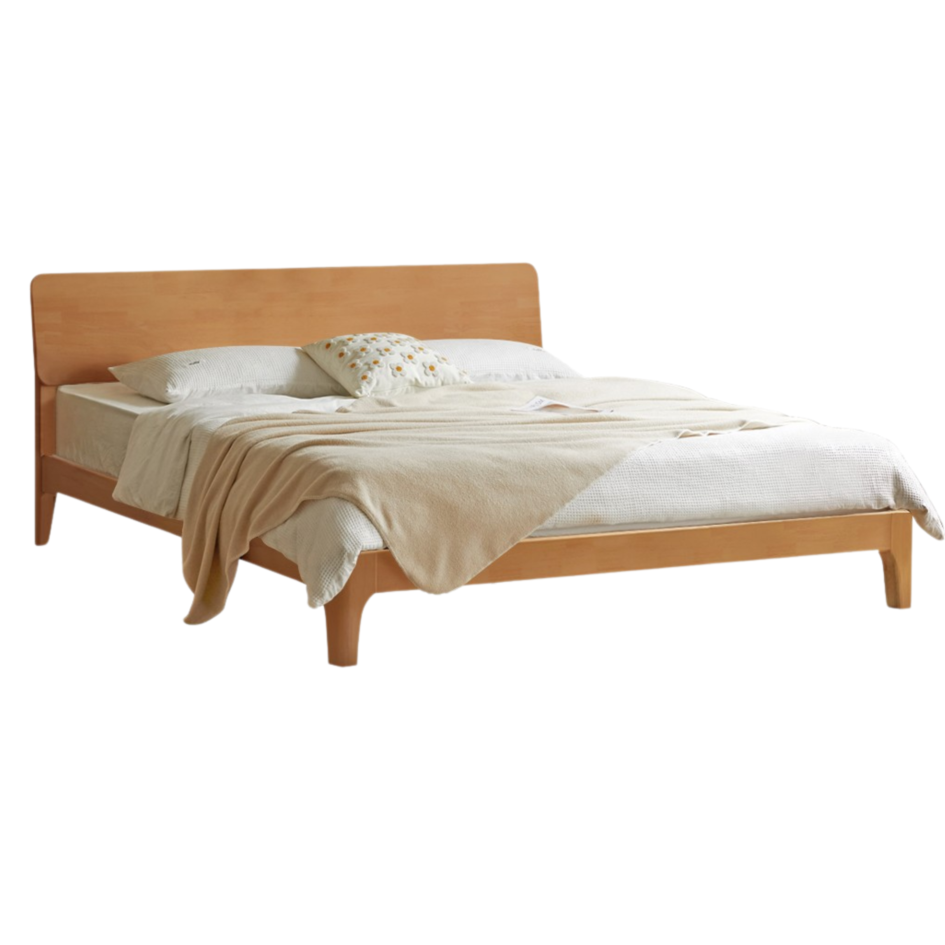 Natural Wood Color Rubber wood low plank bed - suitable for thick mattress
