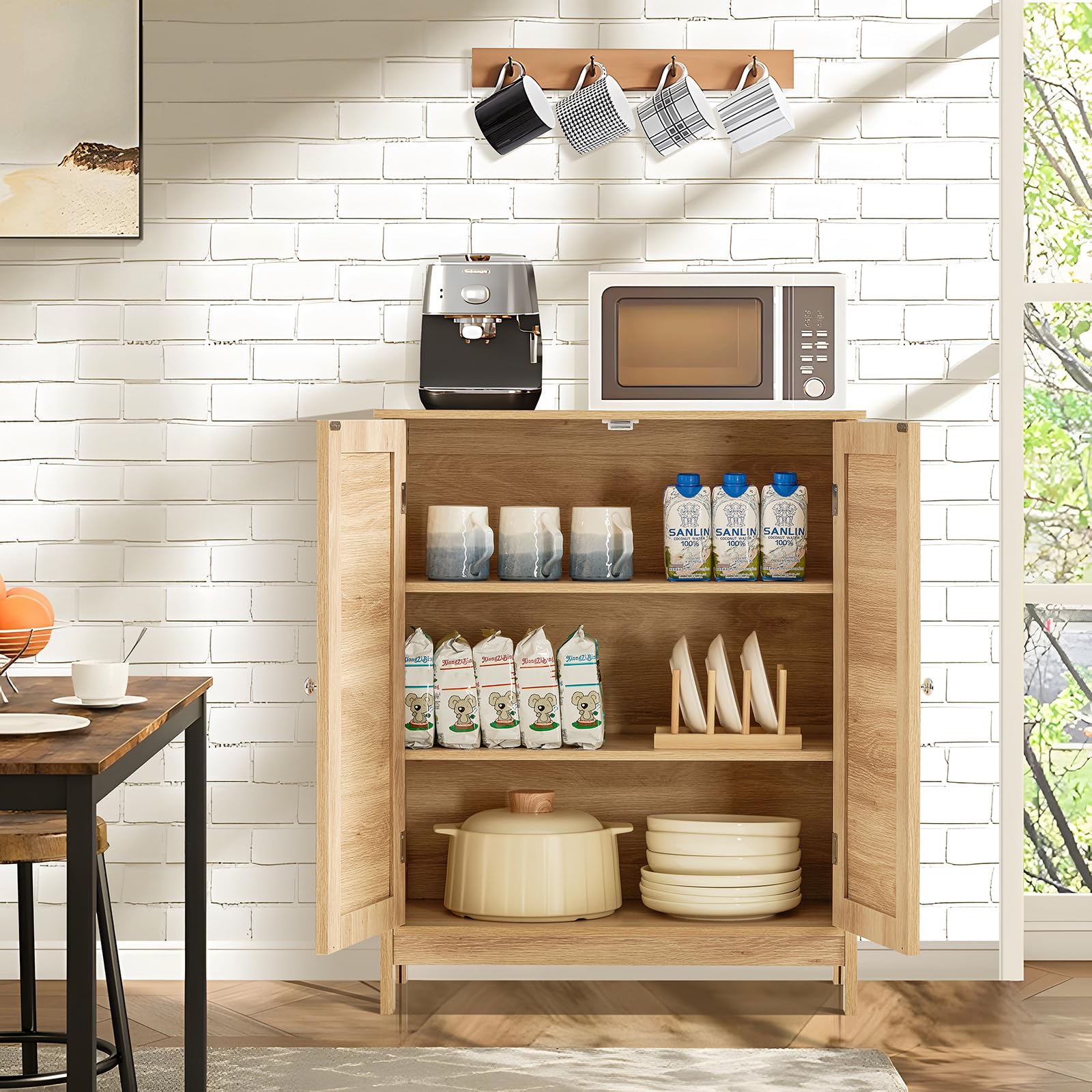 Iwell Rattan Storage Cabinet with Adjustable Shelf - Floor Cabinet for Bathroom, Living Room, Entryway, Kitchen & Home Office - Natural Woven Organizer for Home Decor & Space Saving Storage