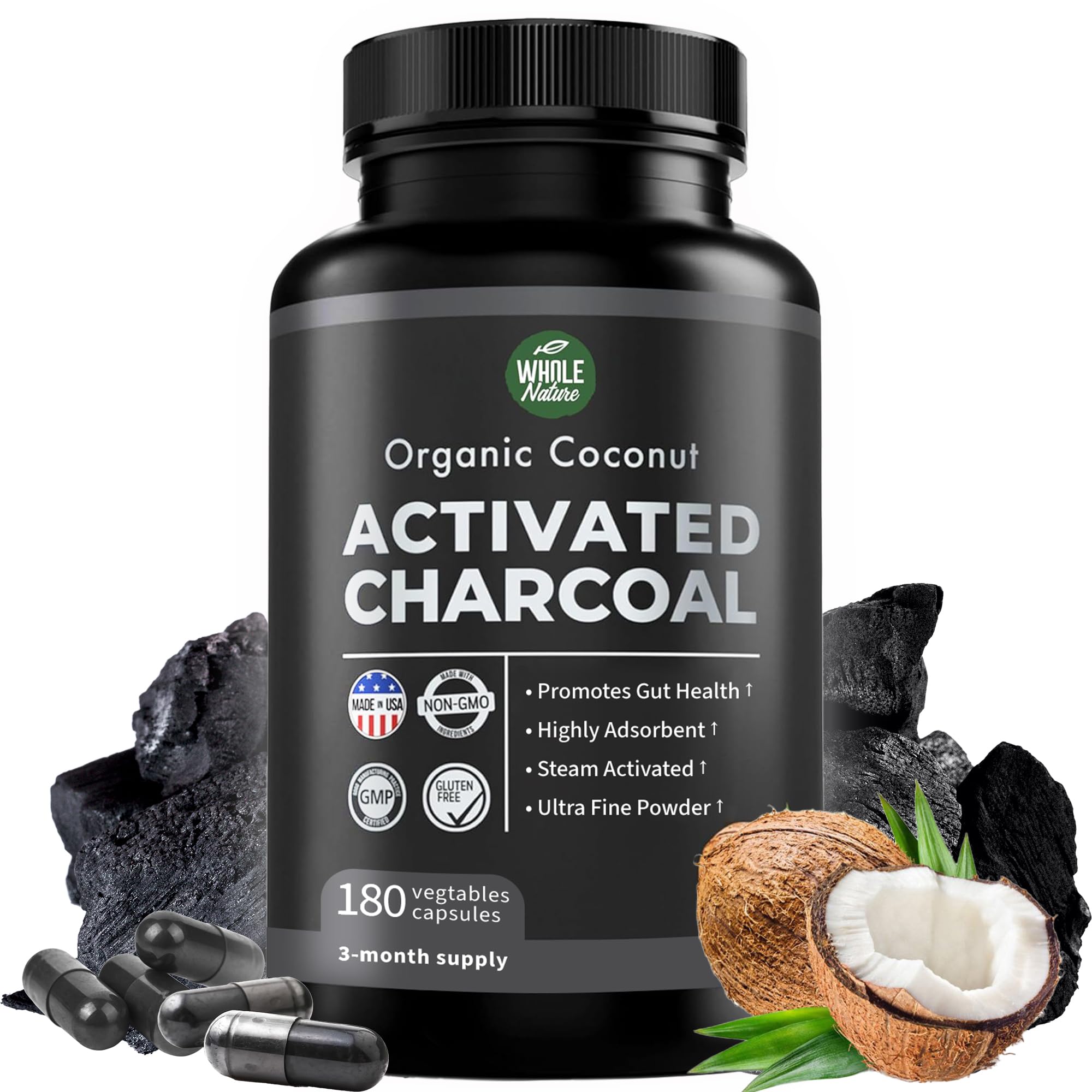 Pure Coconut Activated Charcoal Capsules - 180 Count | Natural Teeth Whitening, Bloating Relief & Body Detox | Non-GMO, Gluten Free, Vegan Supplement | Perfect for Daily Cleansing & Digestive Support