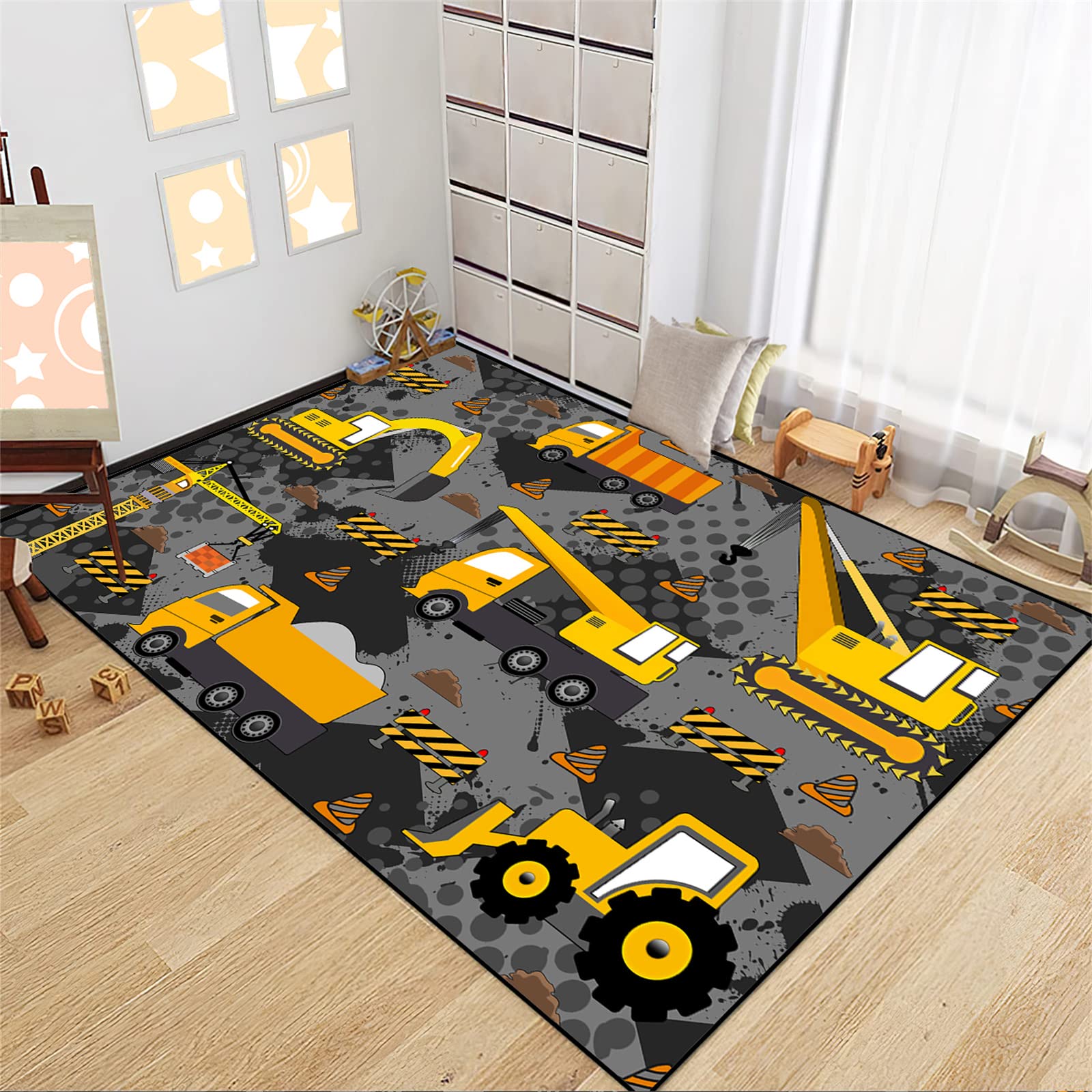 Construction Play Rug for Boys - 2'5''×4' Grey Kids Car & Truck Play Mat - Durable Playroom Rug for Boys Room Decor & Construction Theme | Perfect for Playtime, Learning & Room Decoration