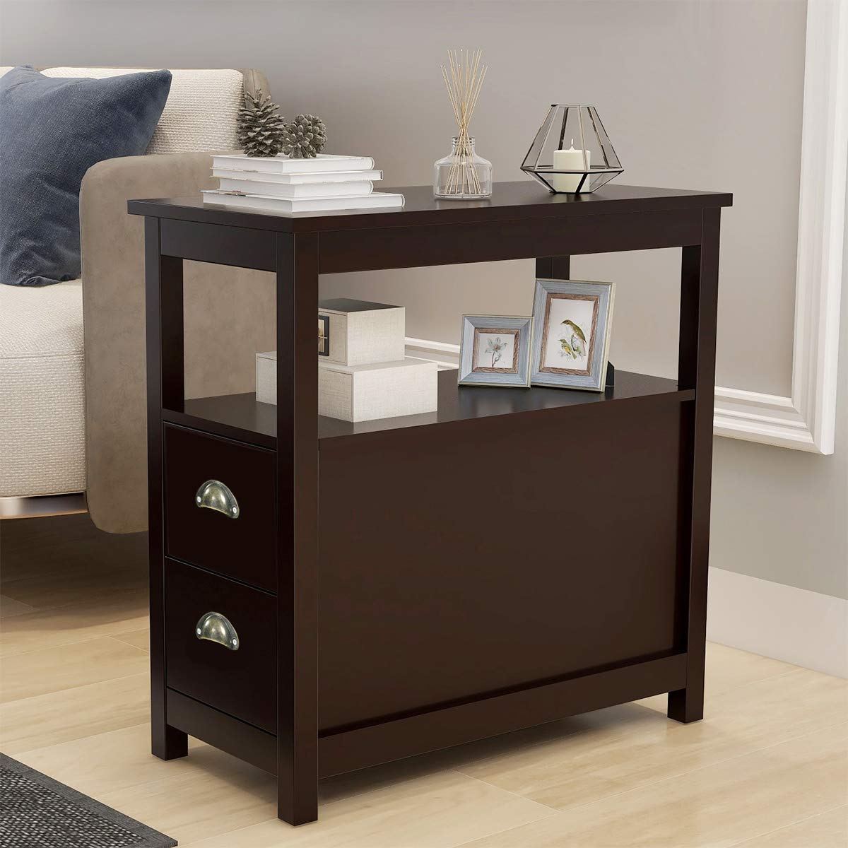 Narrow End Table with 2 Drawers & Open Shelf - Nightstand for Living Room, Bedroom - Sofa Side Table in Espresso Finish - Perfect for Small Spaces & Apartment Decor