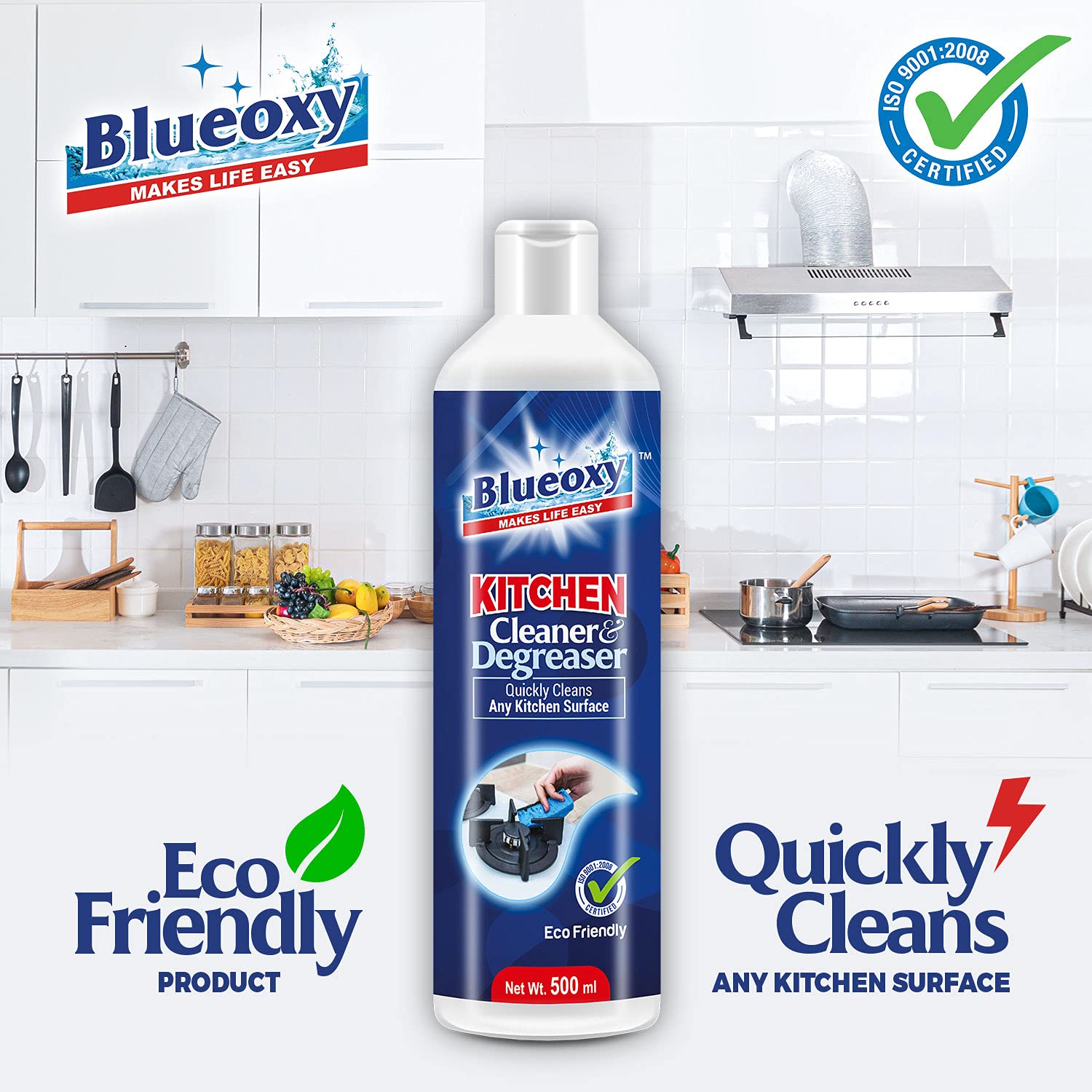 BLUEOXY High-Performance Kitchen Cleaner & Degreaser - Powerful Oil Stain Remover for Stove, Chimney & Glass Cooktops | Eco-Friendly Formula | 500ml (1 Pack) - Perfect for Deep Cleaning Greasy Kitchen Surfaces & Appliances