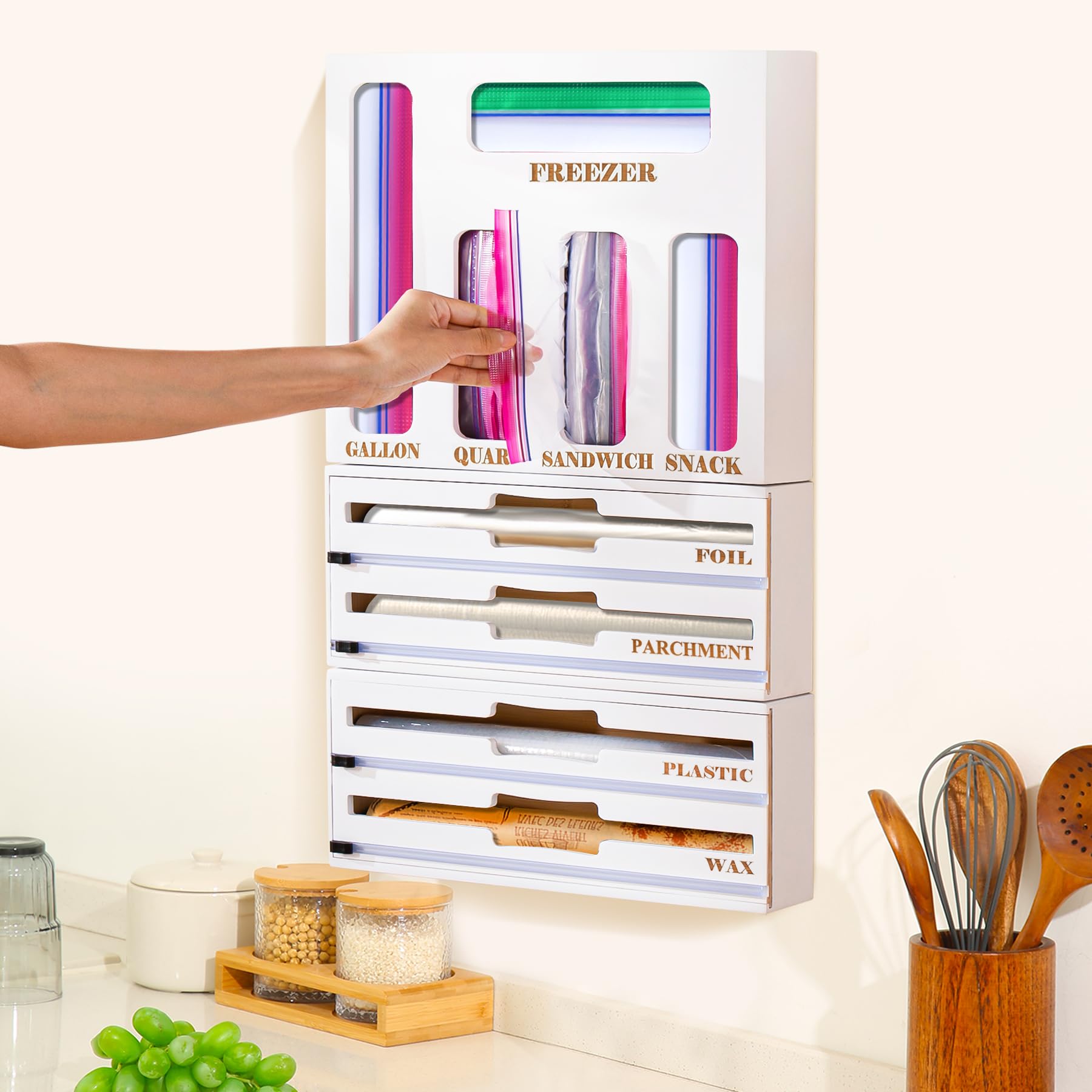 Calmbee 9-in-1 Bamboo Kitchen Organizer - Plastic Wrap & Foil Dispenser with Cutter, Storage Bag Organizer for Gallon, Quart, Sandwich Bags - Perfect for Kitchen Drawer Organization (White, Large) - Ideal for Food Storage, Meal Prep & Home Organization