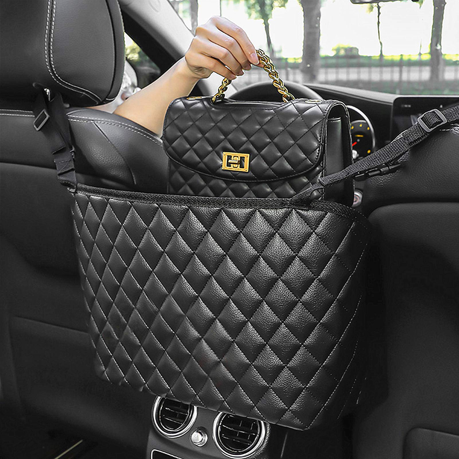 Premium PU Leather Car Handbag Holder - Organizer Net Pocket for Purse & Small Items - Secure Storage Solution for Cars, SUVs & Trucks | Perfect for Commuting, Road Trips & Daily Errands