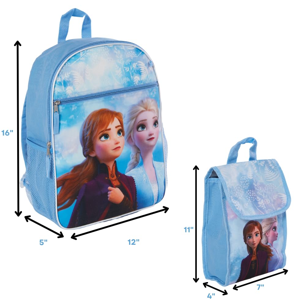 Disney Frozen Kids Backpack Set for Girls - 16 Inch School Backpack with Insulated Lunch Bag & Water Bottle (Blue) - Perfect for School, Travel & Outdoor Adventures