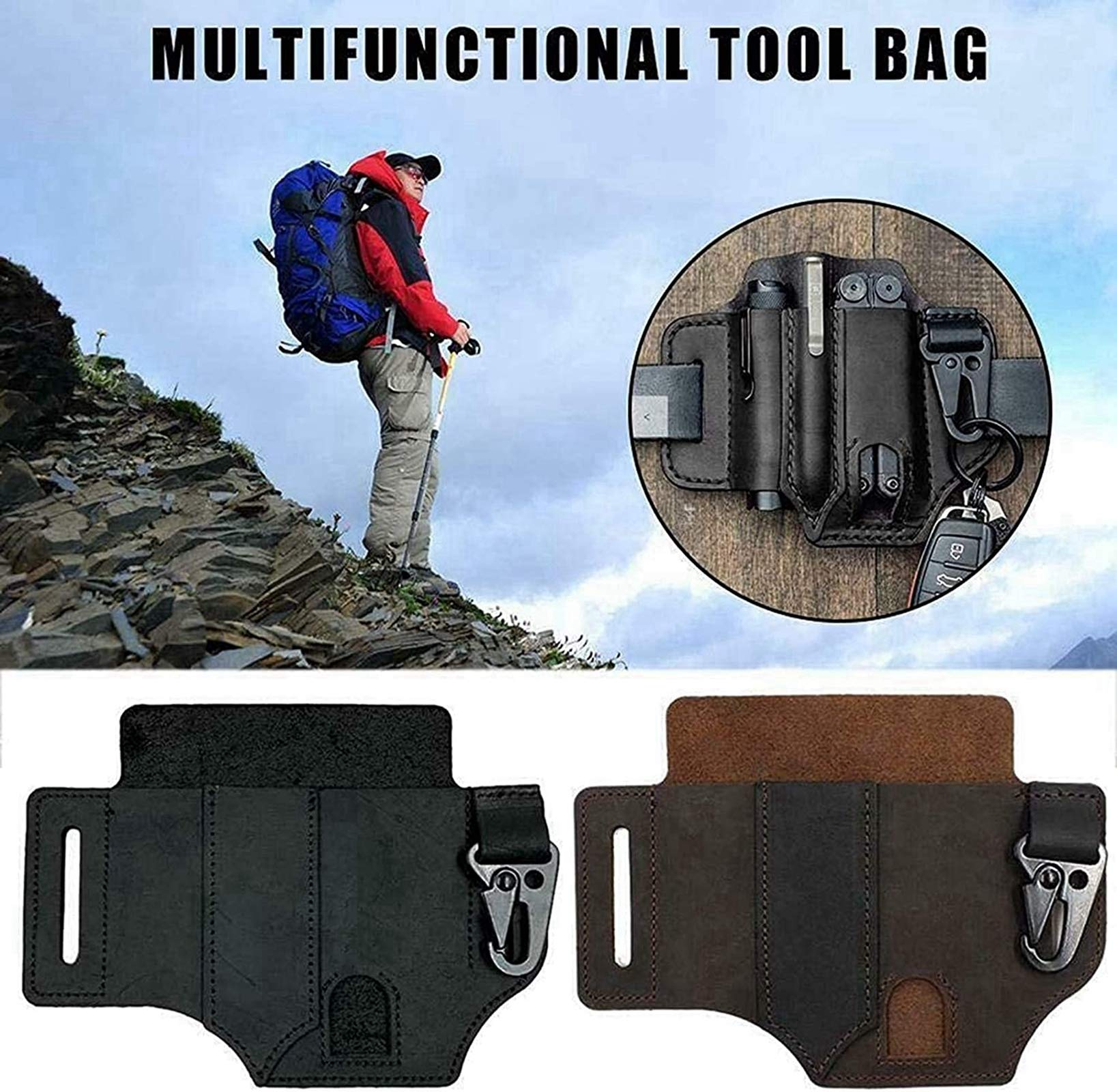 KANGDE Genuine Leather EDC Belt Loop Waist Multitool Sheath - Handmade 3-Pocket Organizer Pouch for Flashlights, Tactical Pens & Tools (Dark Brown) | Perfect for Outdoor Adventures, Camping & Everyday Carry