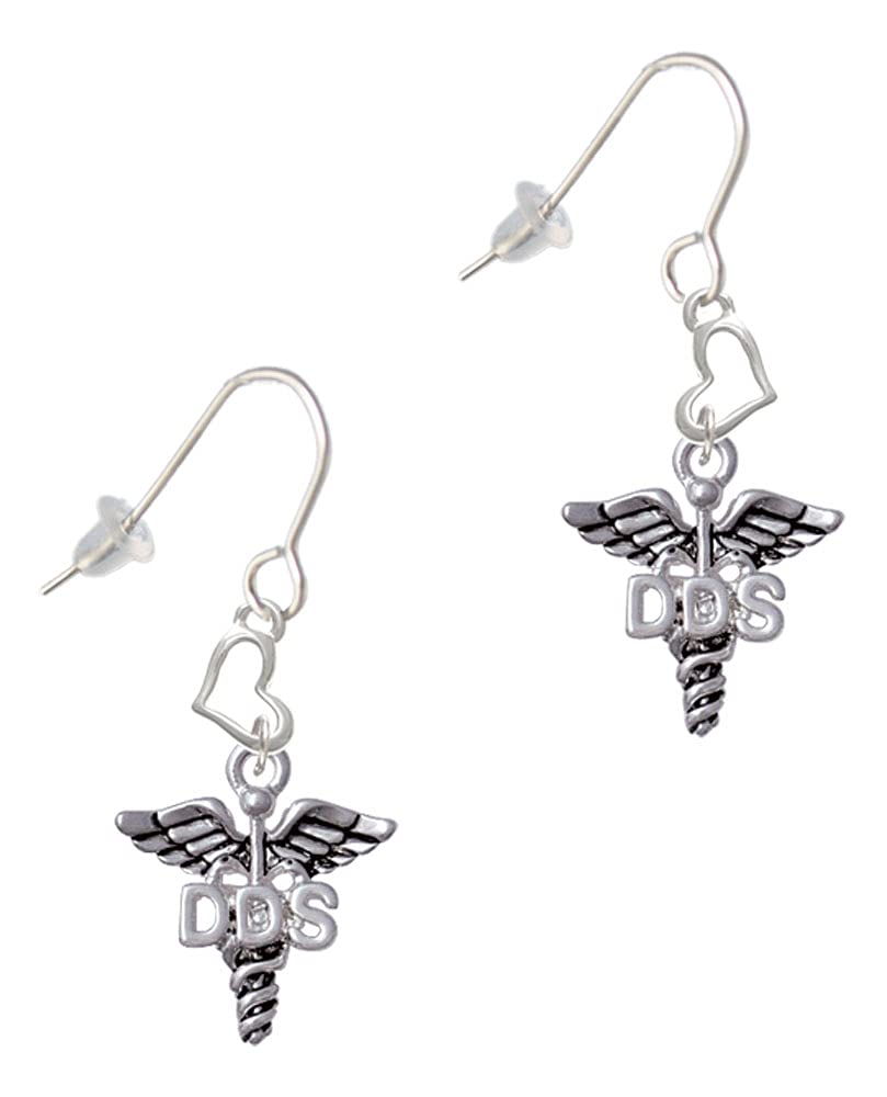 Silver Caduceus Heart French Earrings for Dental Professionals