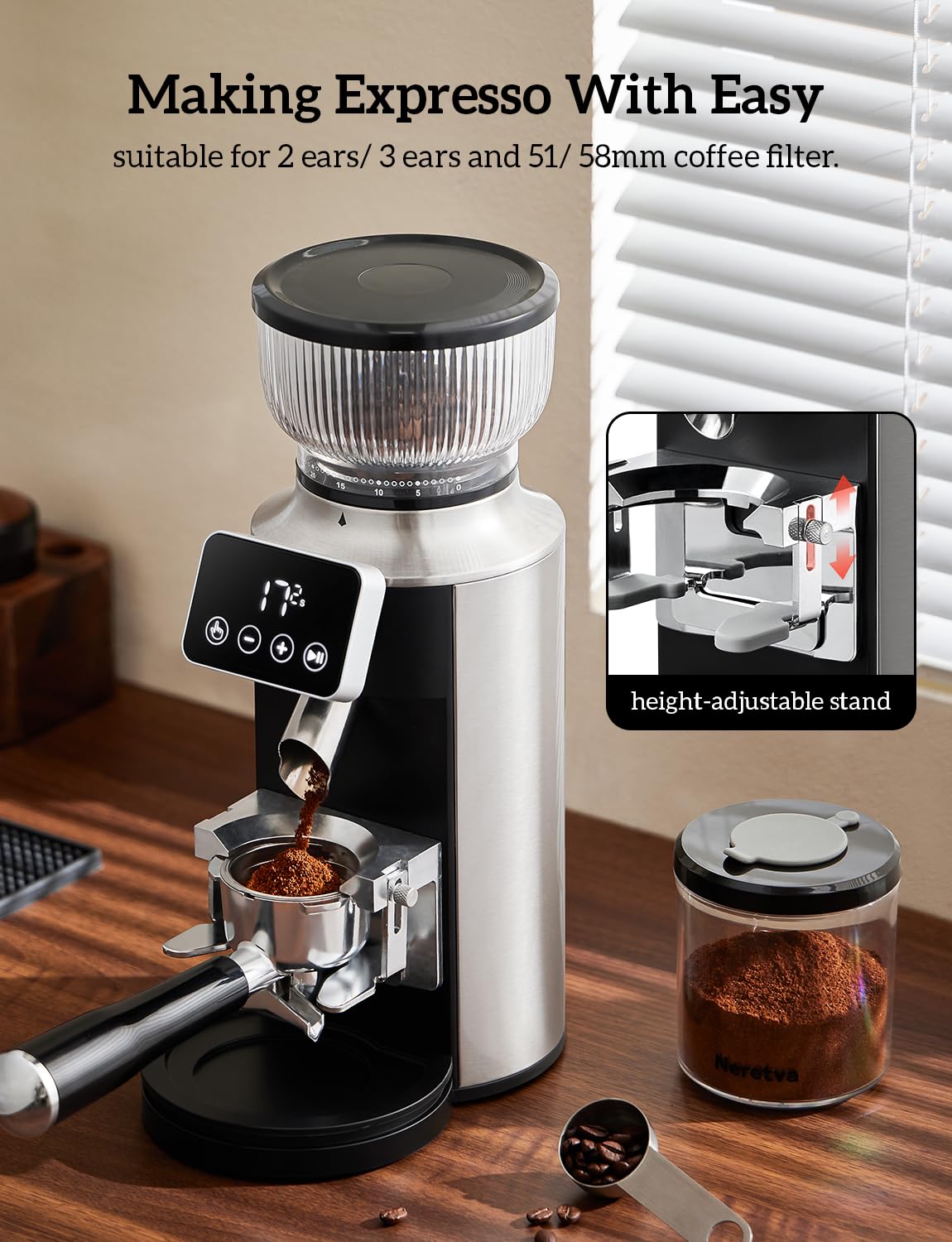 Neretva 20 Bar Professional Espresso Machine with LED Display & Milk Frother | Compact Home Coffee Maker | 2-in-1 Stainless Steel Burr Coffee Grinder with Portafilter | Perfect for Home Baristas & Small Kitchens