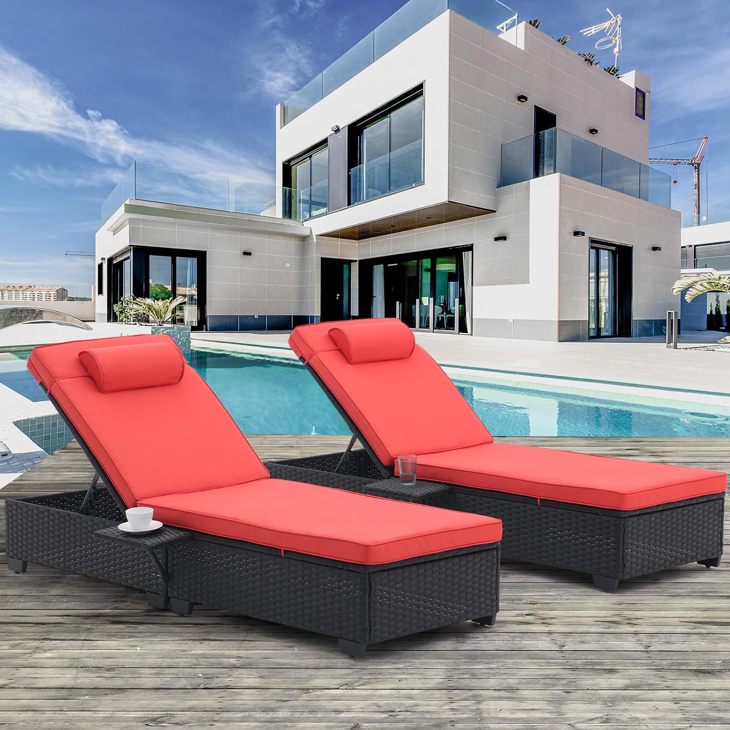 5-Speed Adjustable PE Rattan Chaise Lounge Chairs for Outside - Set of 2 with Cup Holder & Cushions - Patio, Poolside, Beach & Yard Reclining Chairs (Orange Red) - Perfect for Sunbathing, Relaxing & Outdoor Lounging