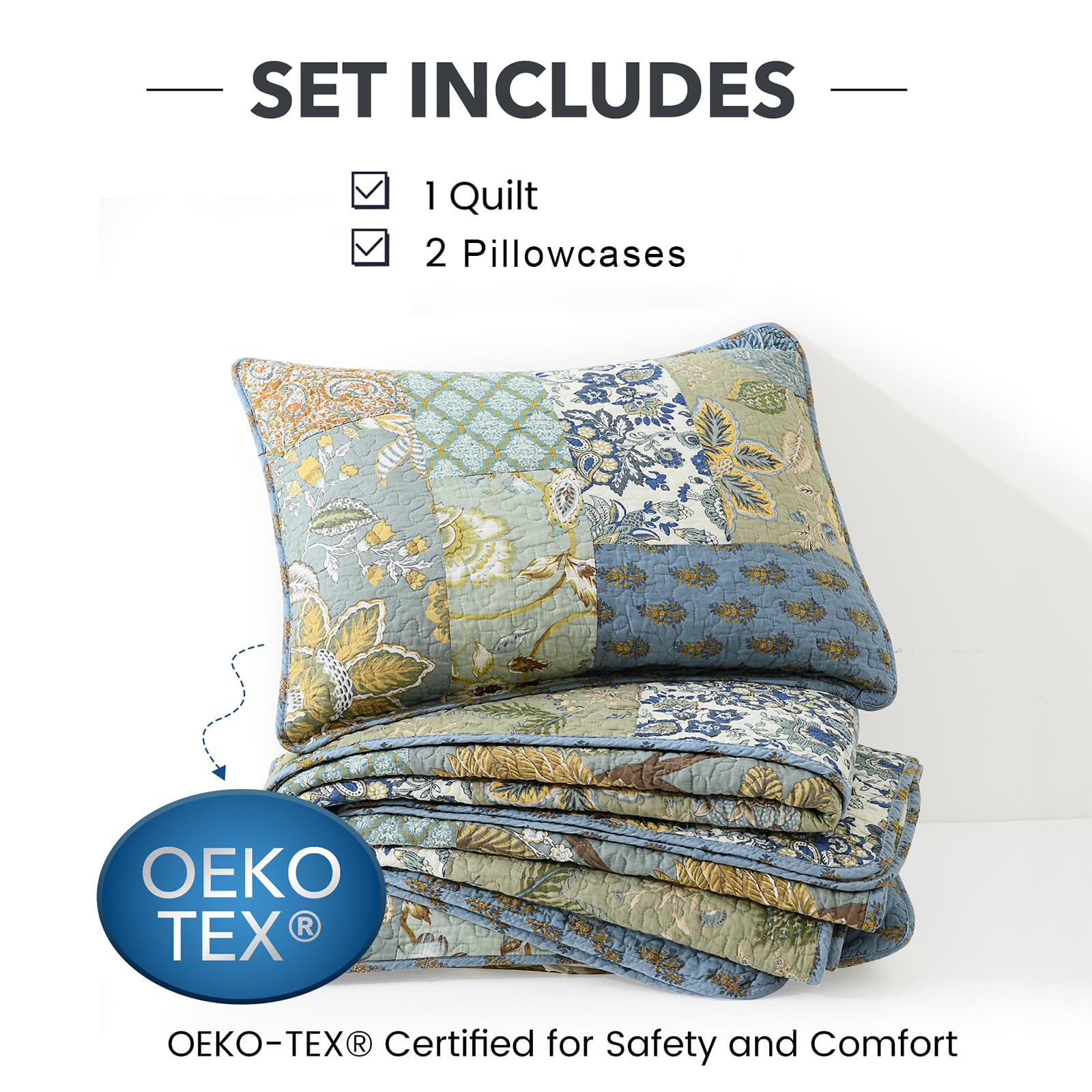 NEWLAKE 100% Cotton Bohemian Patchwork Quilt Set California King Size - Reversible Lightweight Bedspread, Breathable All Seasons Quilted Cover with 2 Pillowcases - Perfect for Master Bedroom, Guest Room & Bohemian Home Decor